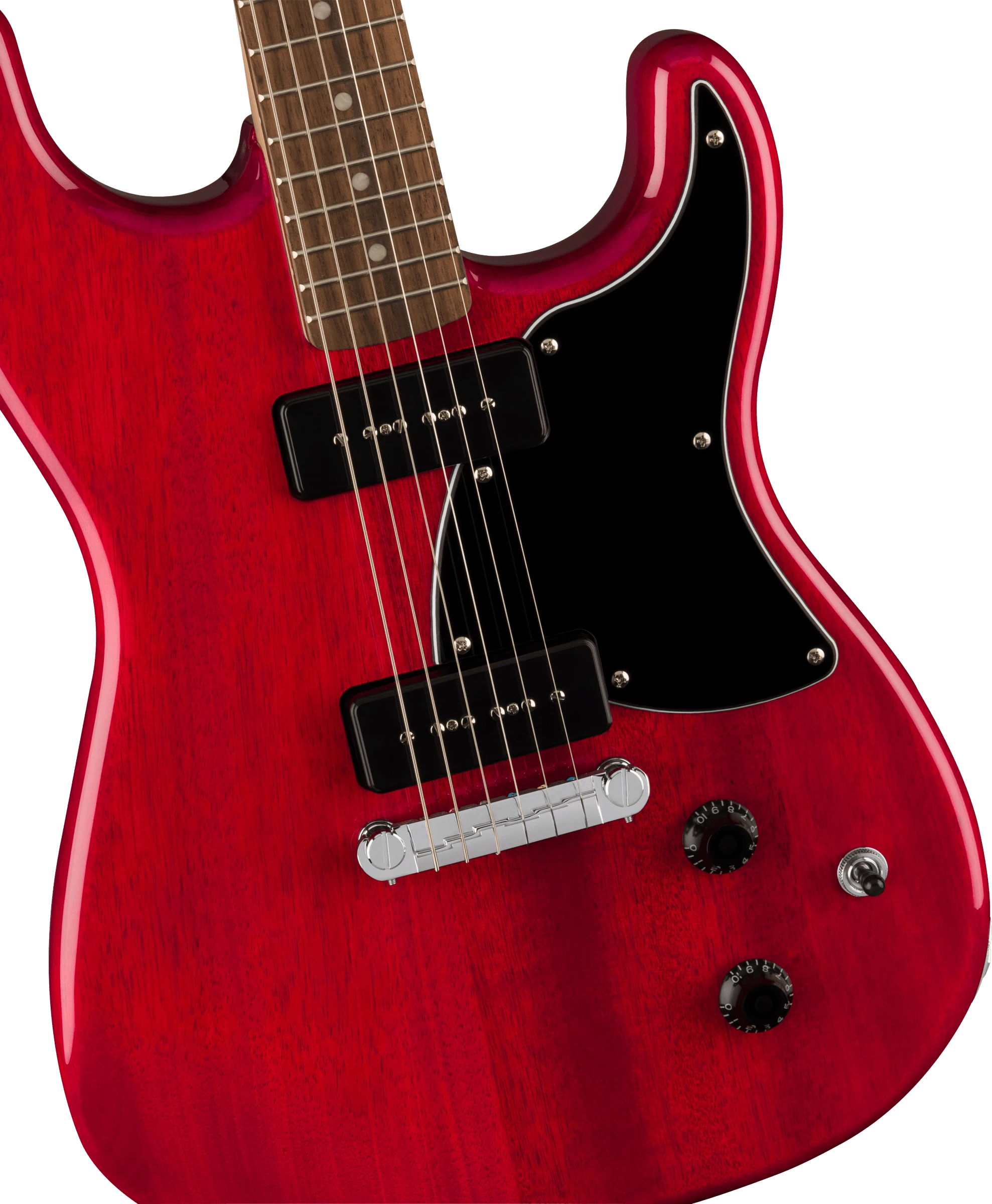 Squier® Paranormal Strat-O-Sonic, Laurel Fingerboard, Black Pickguard, Crimson Red Transparent