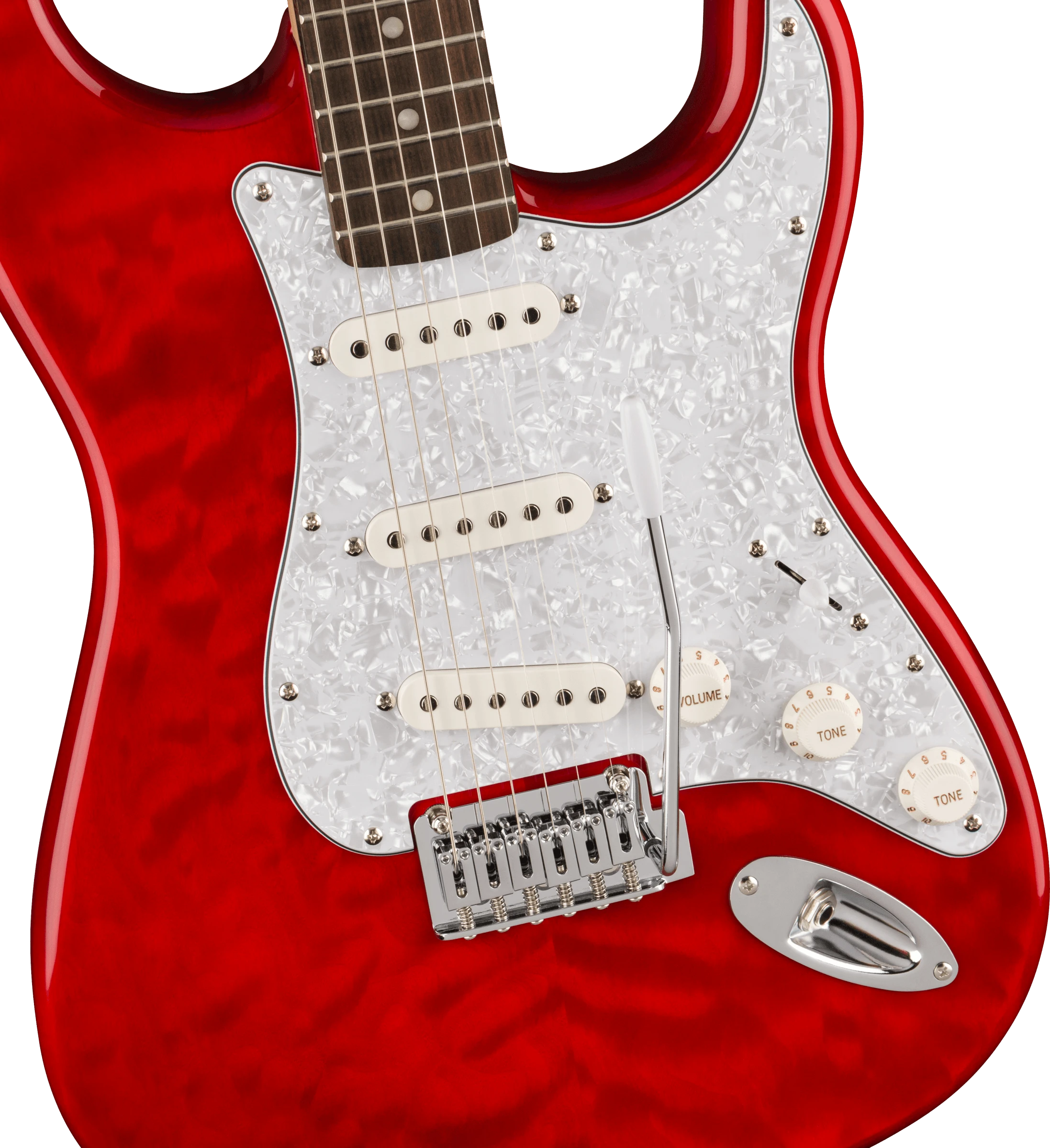 Squier®  FSR Affinity Series™ Stratocaster® QMT, Laurel Fingerboard, White Pearloid Pickguard, Crimson Red Transparent
