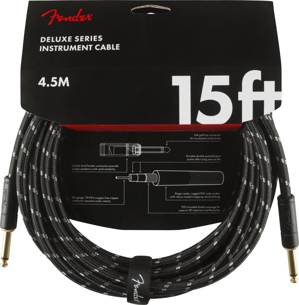 Deluxe Series Instrument Cable, Straight/Straight, 15', Black Tweed