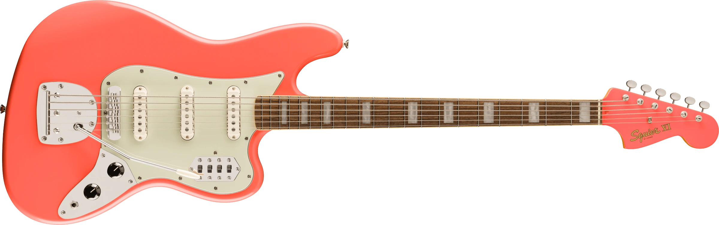 Squier® FSR Classic Vibe™ Bass VI, Laurel Fingerboard, Mint Pickguard, Matching Headstock, Tahitian Coral