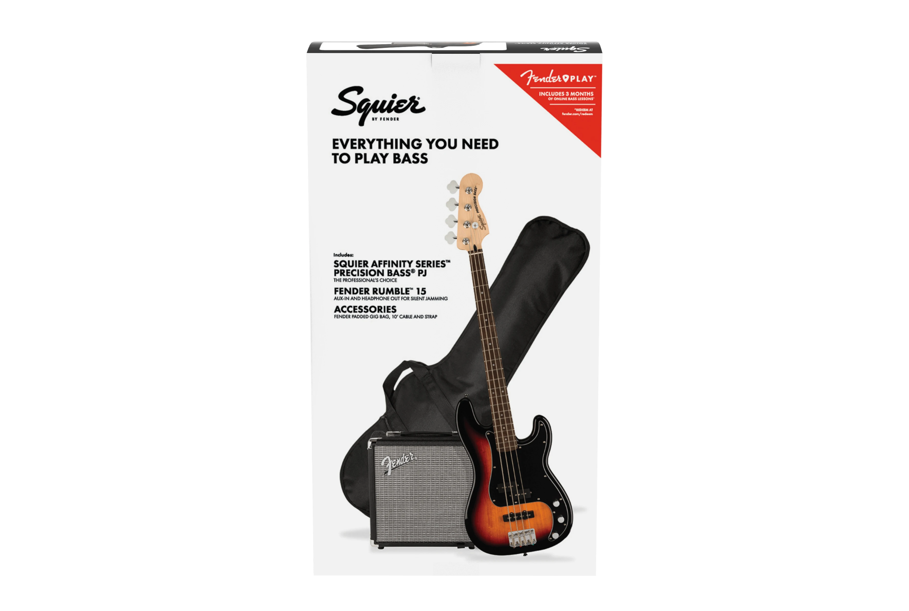 Squier® Affinity Series® Precision Bass® PJ Pack, Laurel Fingerboard, 3-Color Sunburst, Gig Bag, Rumble 15 - 230V UK