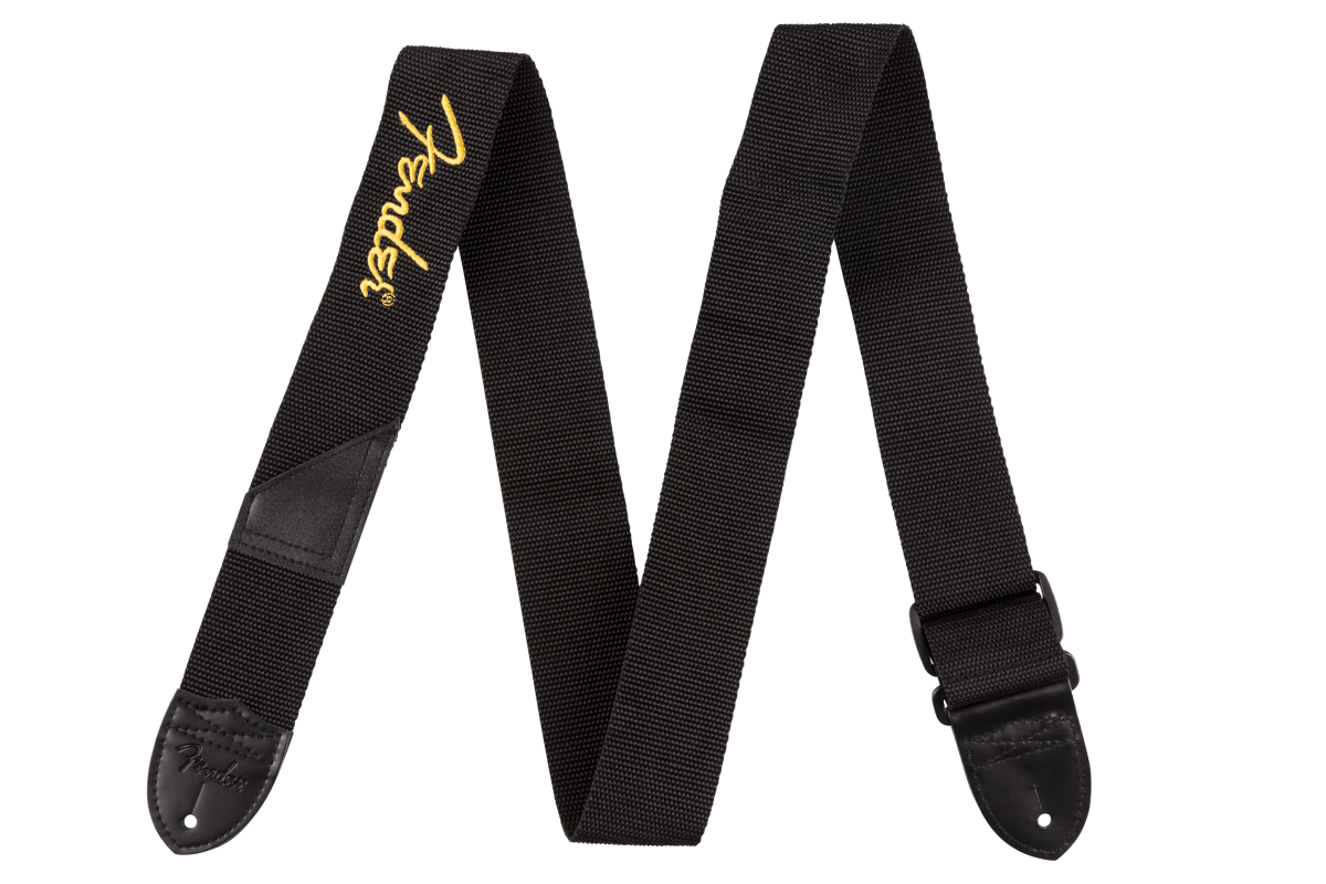 Fender® Logo Strap, Black/Yellow Logo, 2"