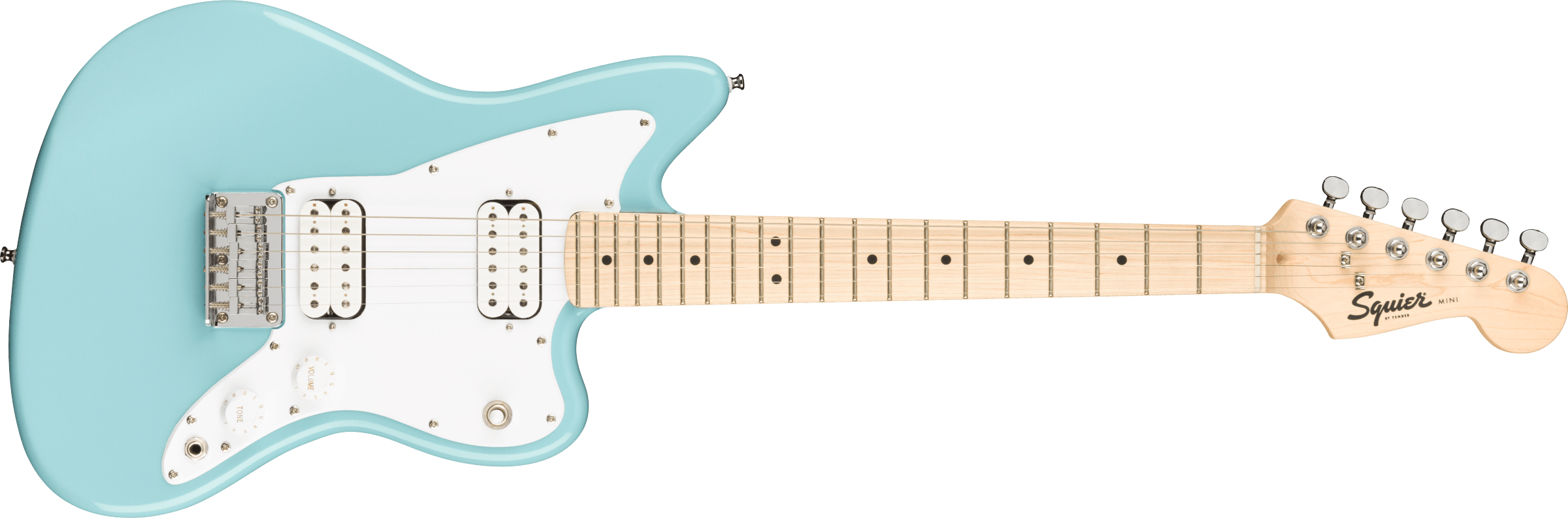 Squier® Mini Jazzmaster® HH, Maple Fingerboard, White Pickguard, Daphne Blue