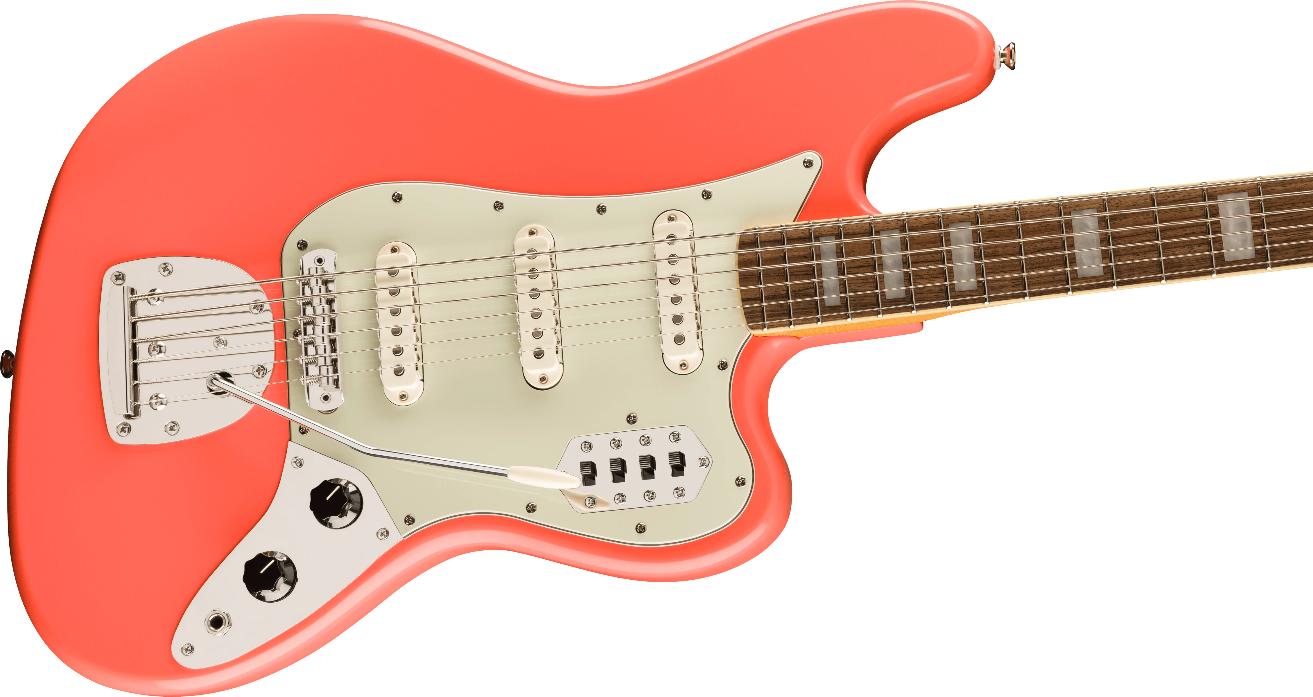 Squier® FSR Classic Vibe™ Bass VI, Laurel Fingerboard, Mint Pickguard, Matching Headstock, Tahitian Coral