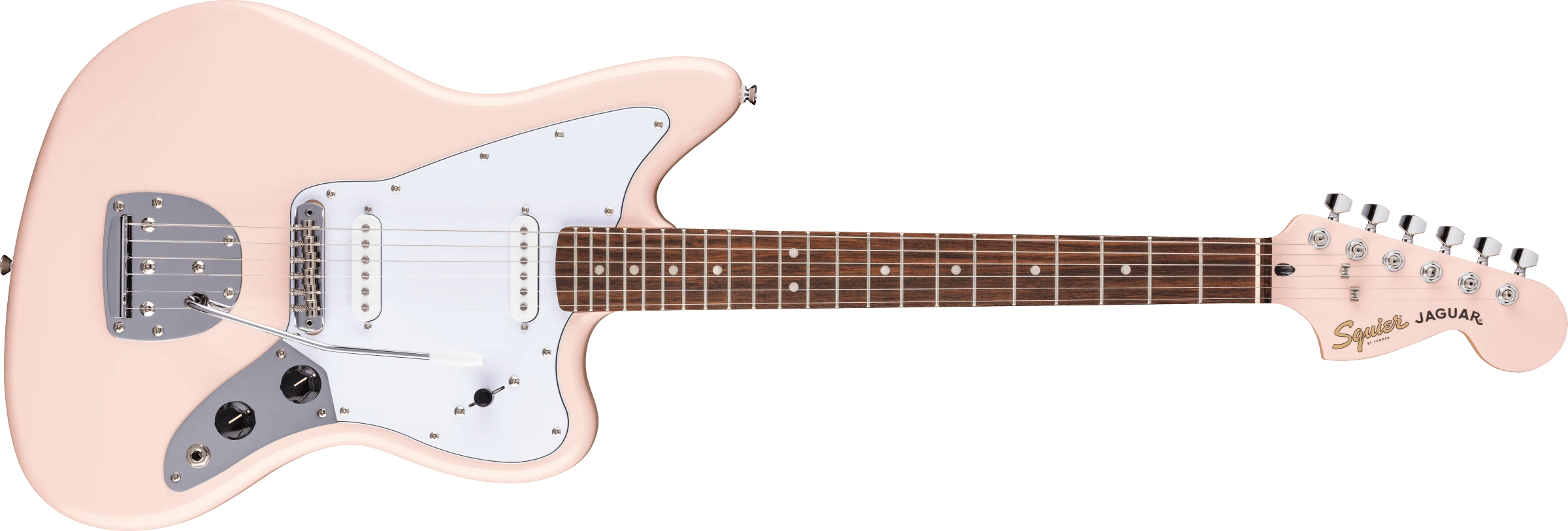 Squier® FSR Affinity™ Jaguar®, Laurel Fingerboard, White Pickguard, Matching Headstock, Shell Pink