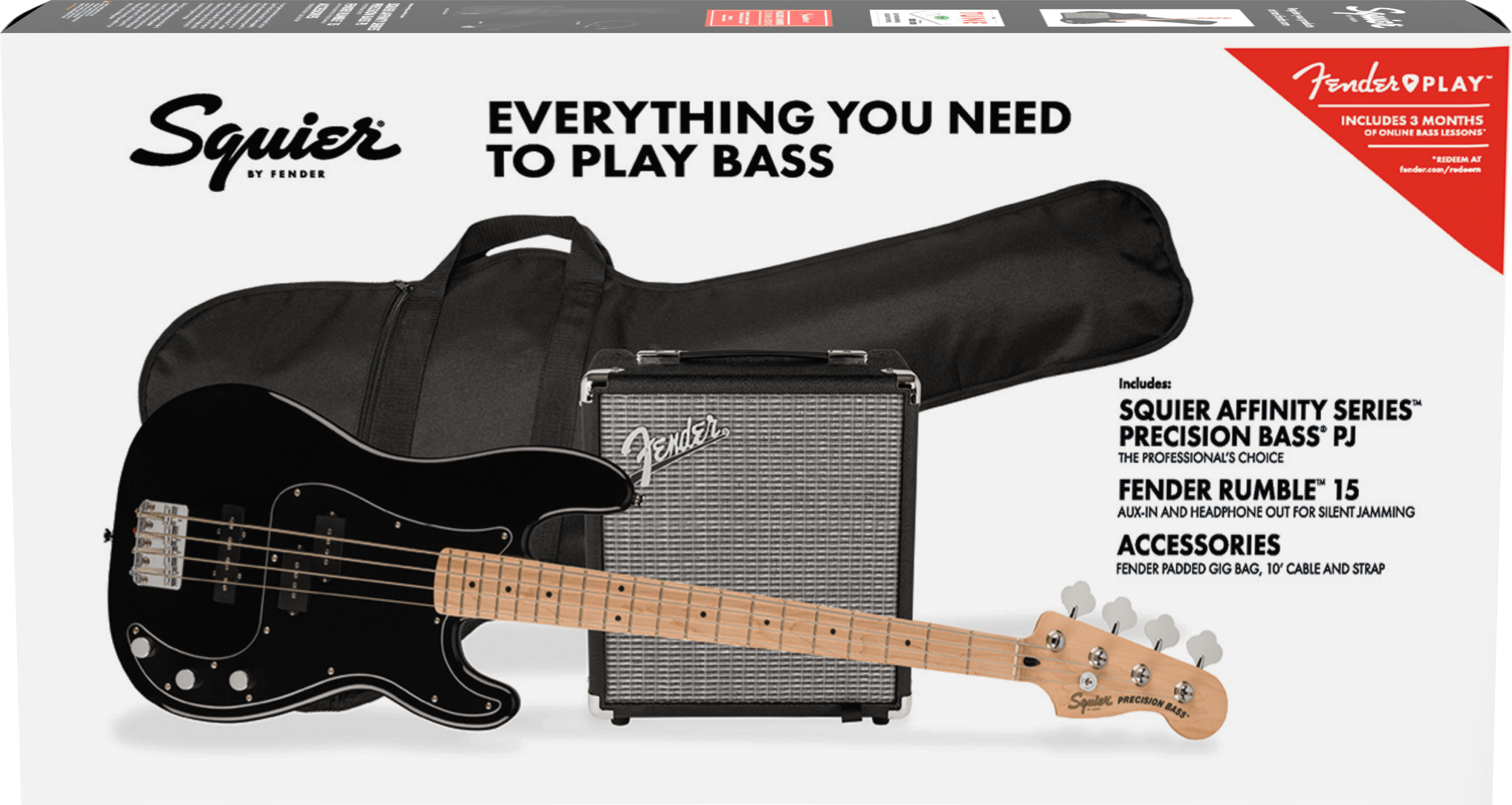 Squier® Affinity Series® Precision Bass® PJ Pack, Maple Fingerboard, Black, Gig Bag, Rumble 15 - 230V UK