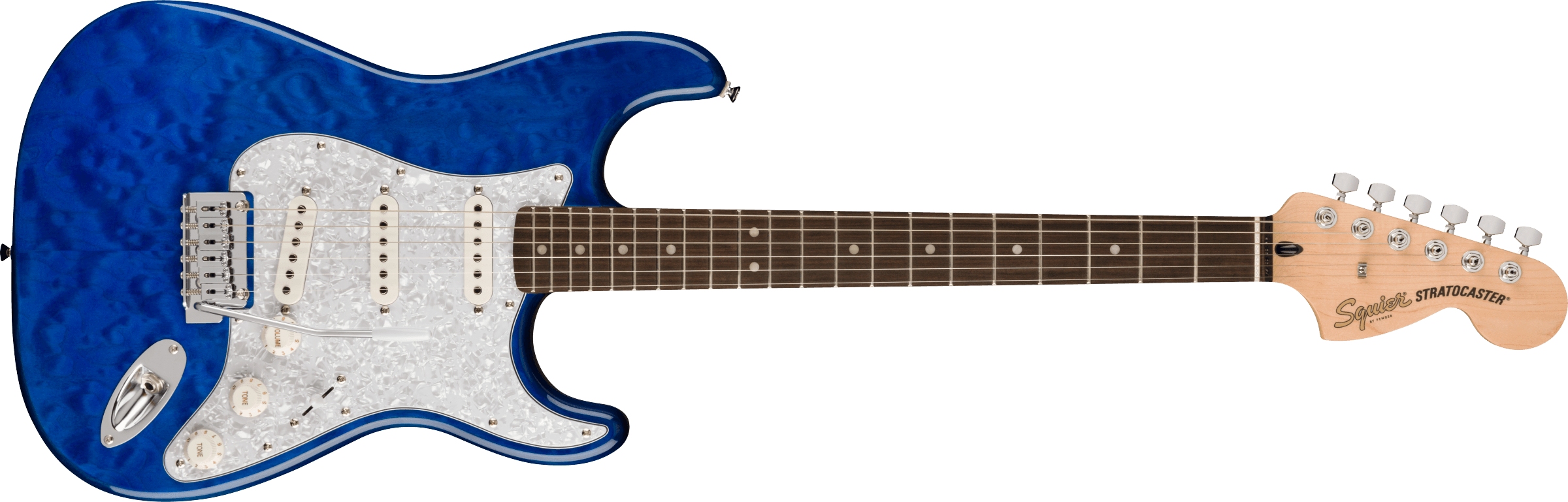 Squier® FSR Affinity Series™ Stratocaster® QMT, Laurel Fingerboard, White Pearloid Pickguard, Sapphire Blue Transparent