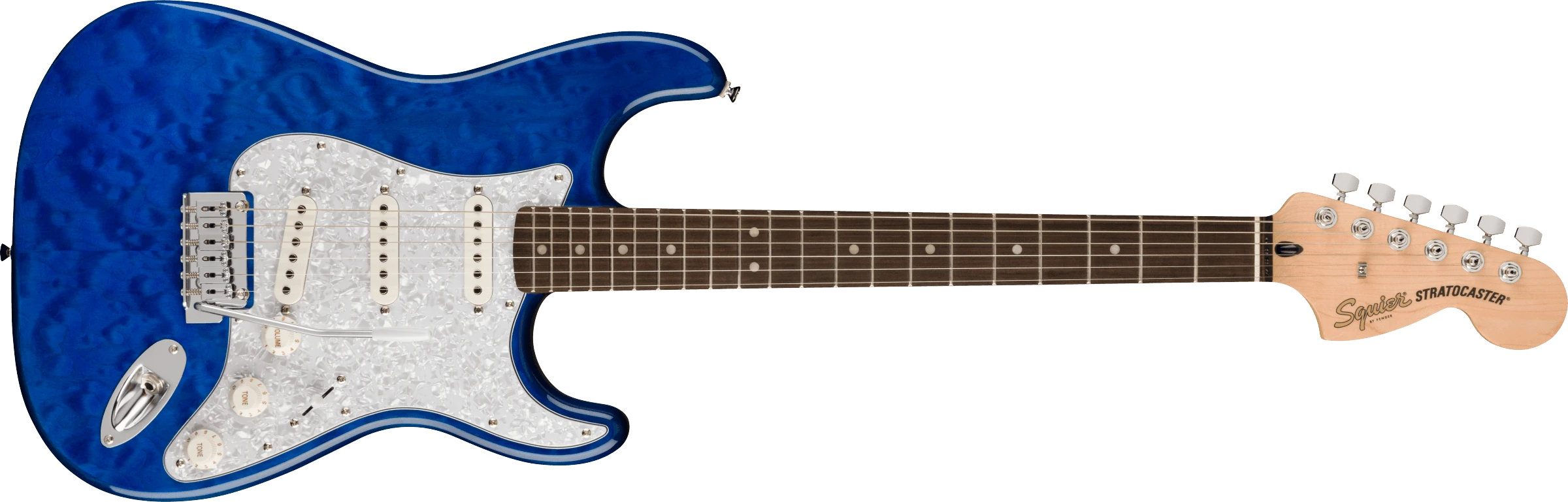 Squier® FSR Affinity Series™ Stratocaster® QMT, Laurel Fingerboard, White Pearloid Pickguard, Sapphire Blue Transparent
