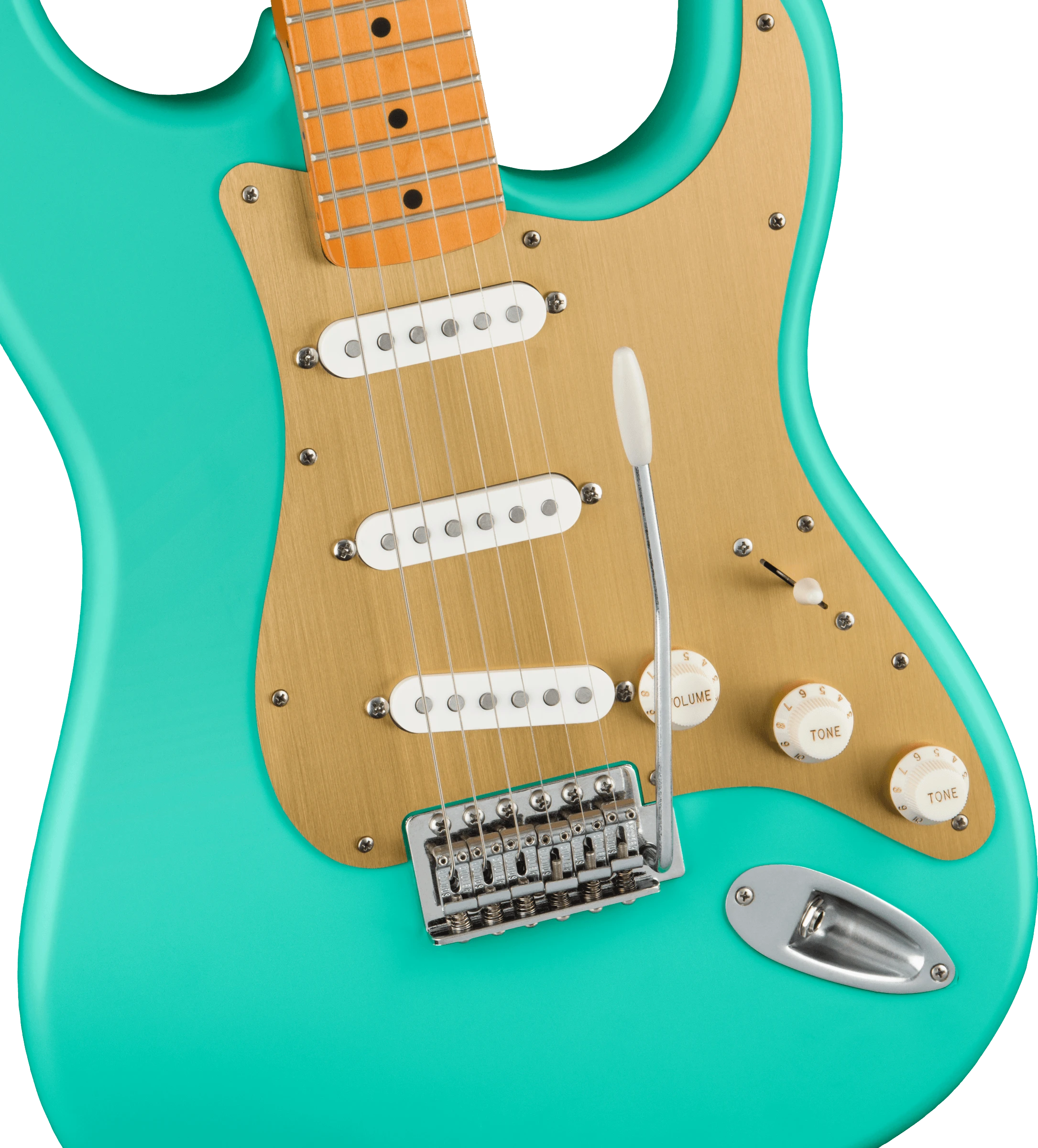 Squier® 40th Anniversary Stratocaster®, Vintage Edition, Maple Fingerboard, Gold Anodized Pickguard, Satin Sea Foam Green