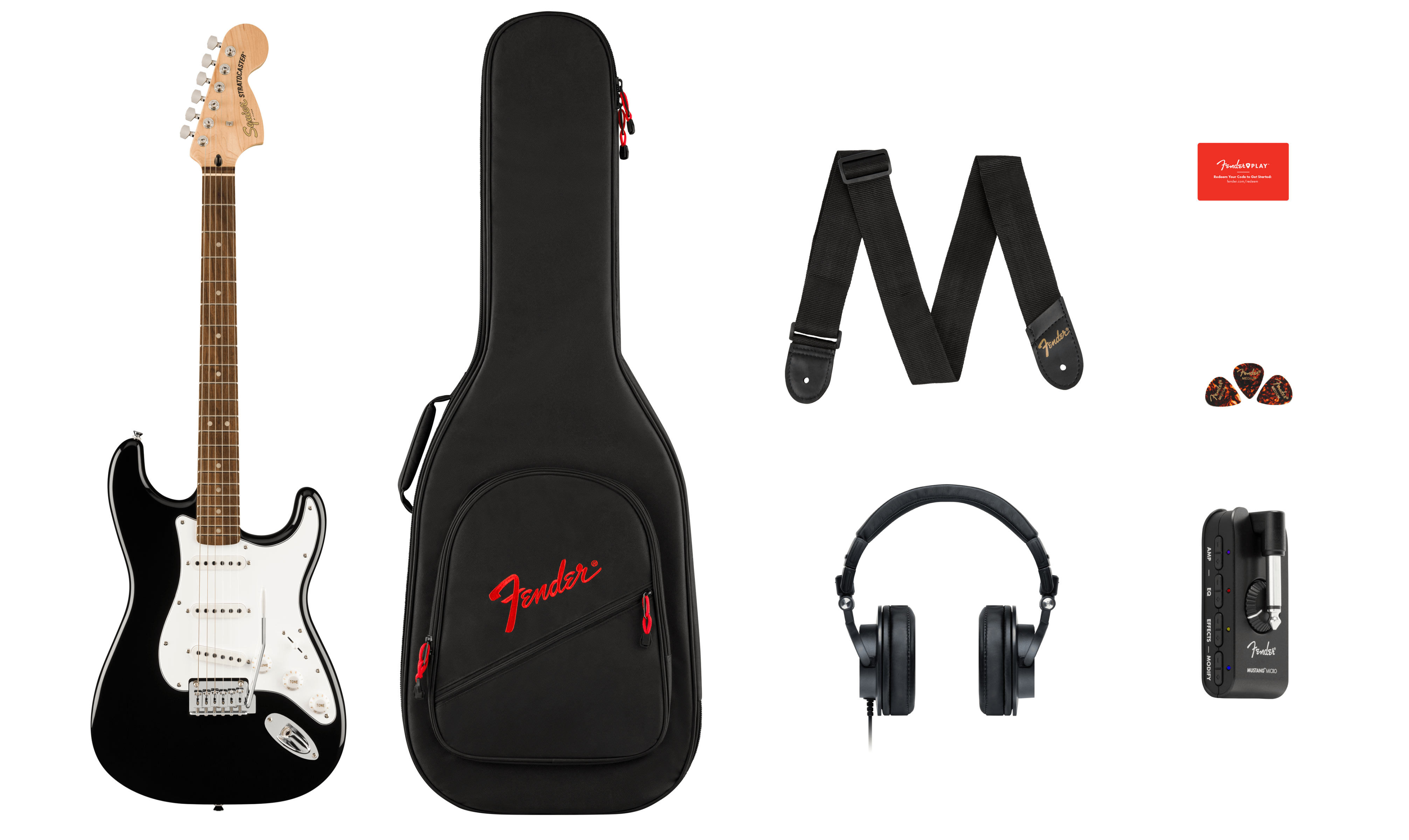 Squier® Affinity Series™ Stratocaster® Mustang™ Micro Pack, Laurel Fingerboard, Black, Gig Bag, HD9, US, CA, EU, AU, JP