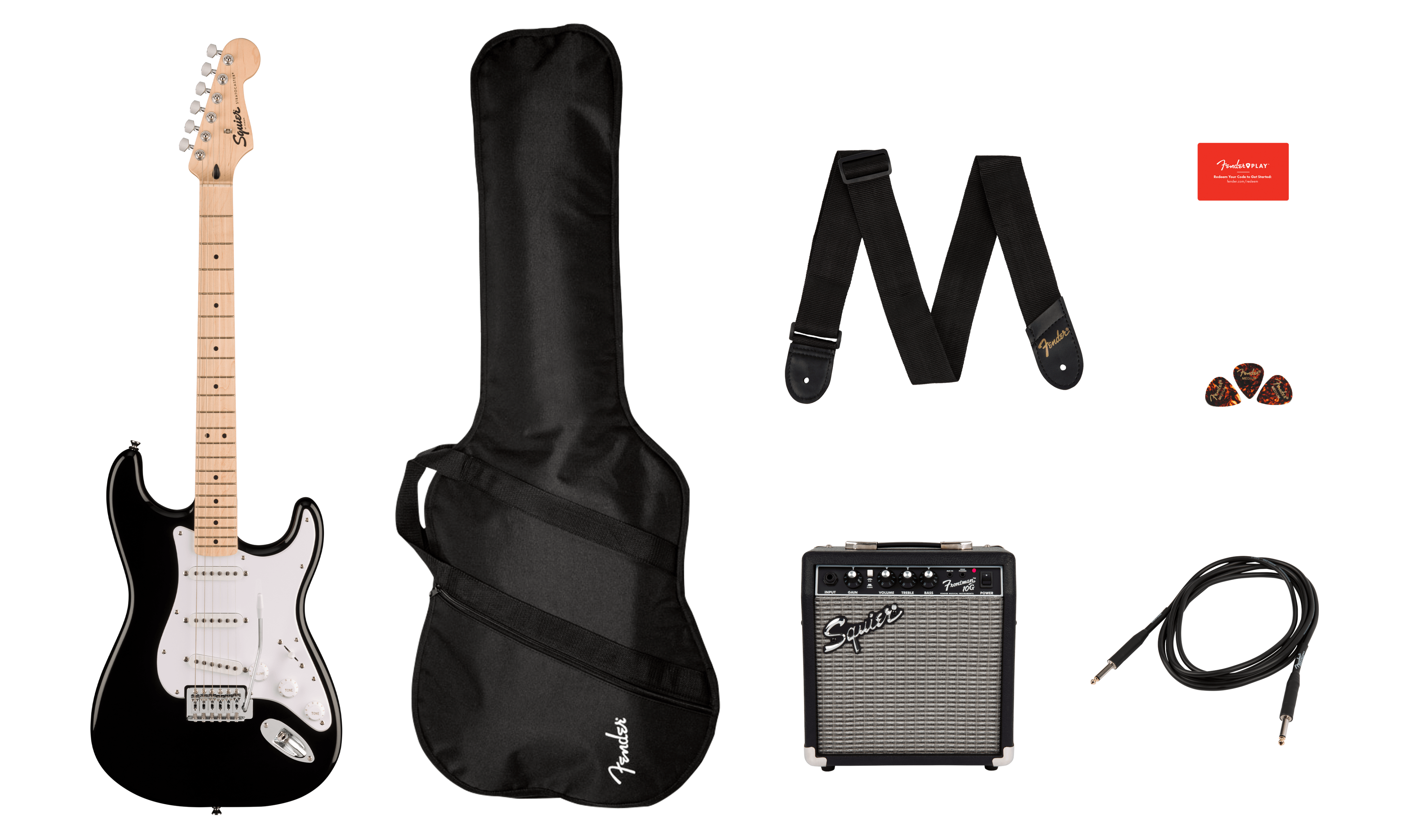 Squier® Sonic® Stratocaster® Pack, Maple Fingerboard, Black, Gig Bag, 10G - 230V EU