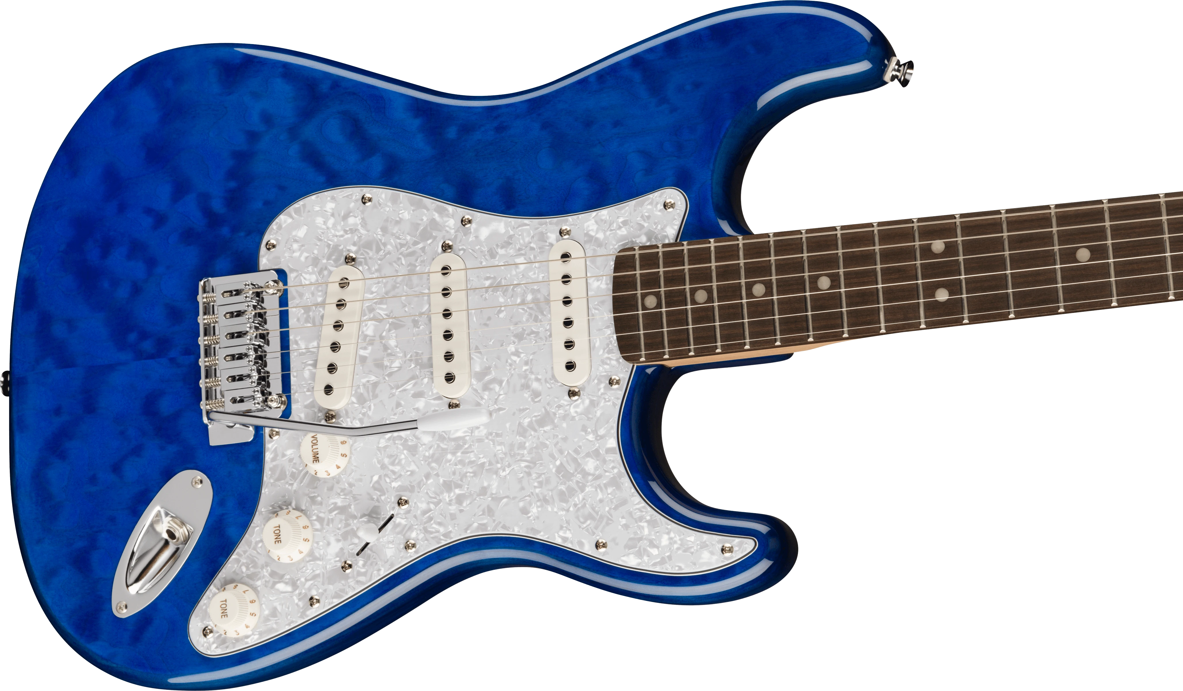 Squier® FSR Affinity Series™ Stratocaster® QMT, Laurel Fingerboard, White Pearloid Pickguard, Sapphire Blue Transparent