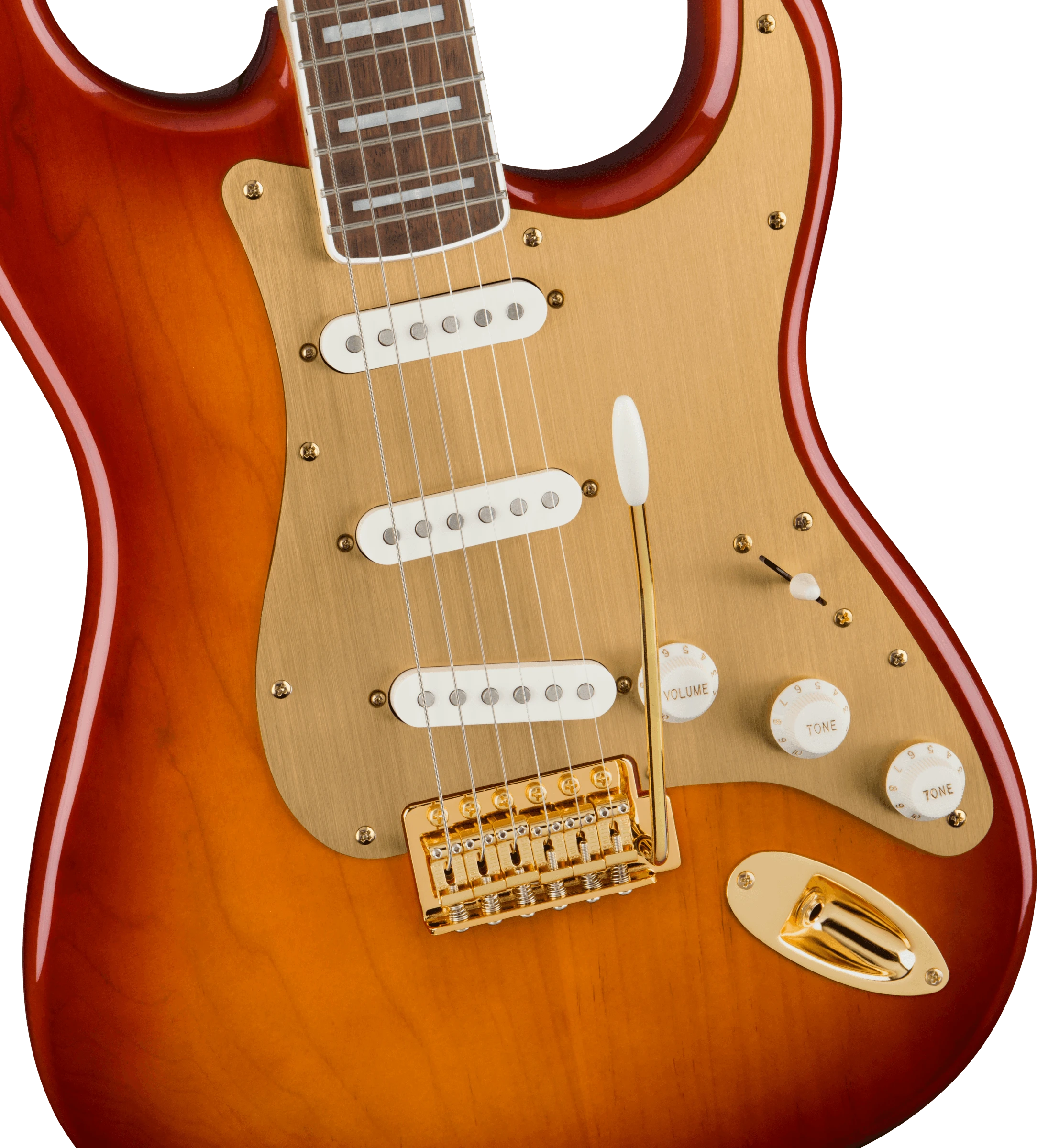 Squier® 40th Anniversary Stratocaster®, Gold Edition, Laurel Fingerboard, Gold Anodized Pickguard, Sienna Sunburst