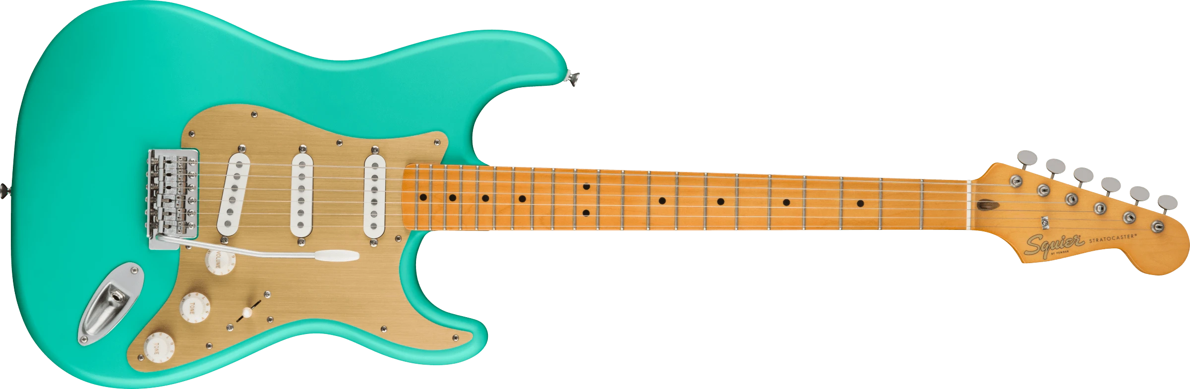 Squier® 40th Anniversary Stratocaster®, Vintage Edition, Maple Fingerboard, Gold Anodized Pickguard, Satin Sea Foam Green