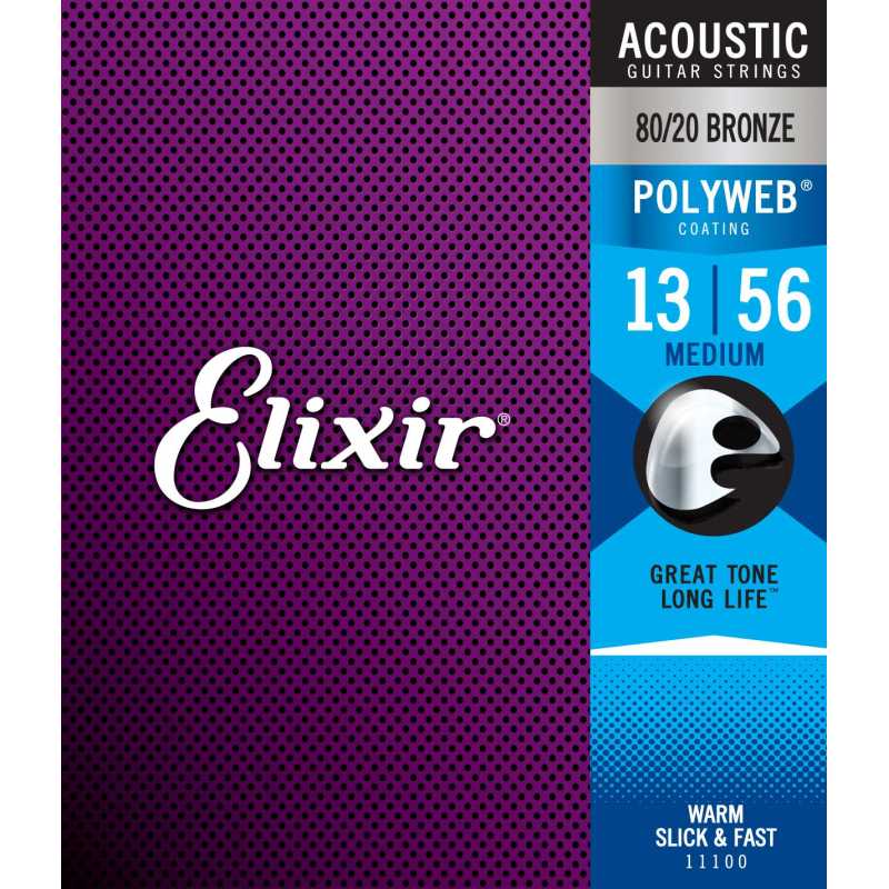 Elixir® 11100 Acoustic 80/20 Bronze Strings POLYWEB® Coating Medium: .013 .017 .026 .035 .045 .056