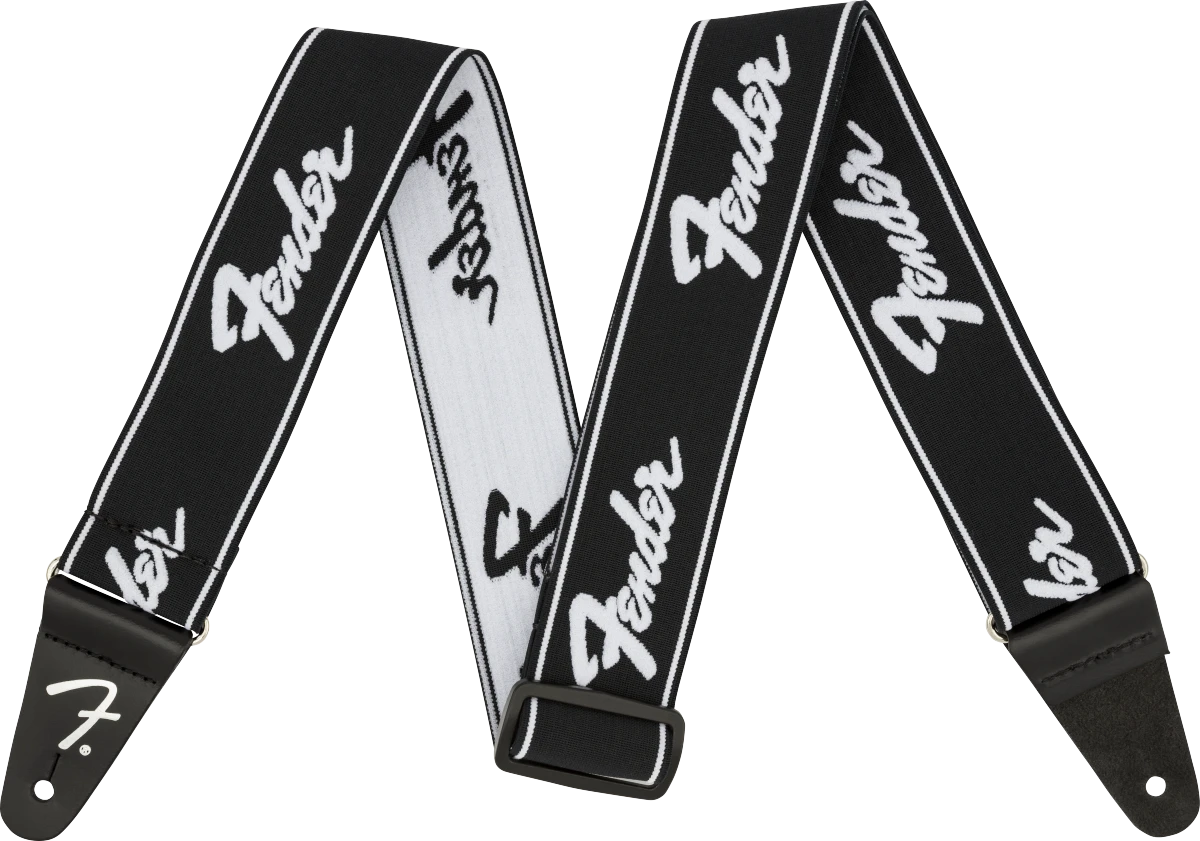 Fender® WeighLess™ Running Logo Strap, Black/White, 2"