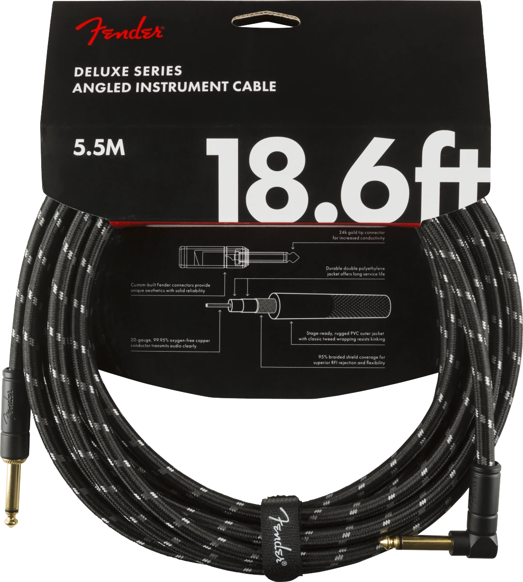 Fender® Deluxe Series Instrument Cable, Straight/Angle, 18.6', Black Tweed