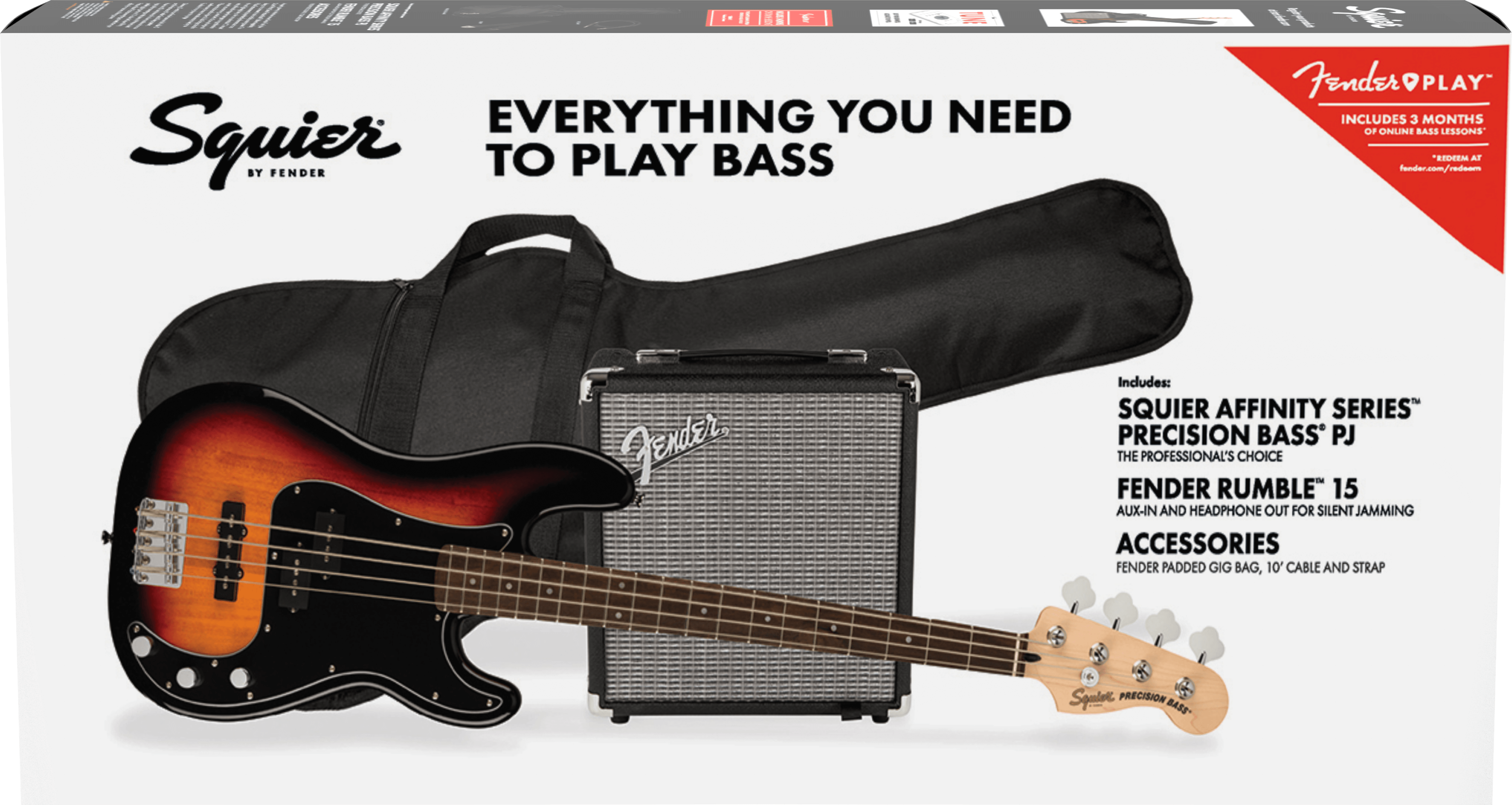 Squier® Affinity Series® Precision Bass® PJ Pack, Laurel Fingerboard, 3-Color Sunburst, Gig Bag, Rumble 15 - 230V UK