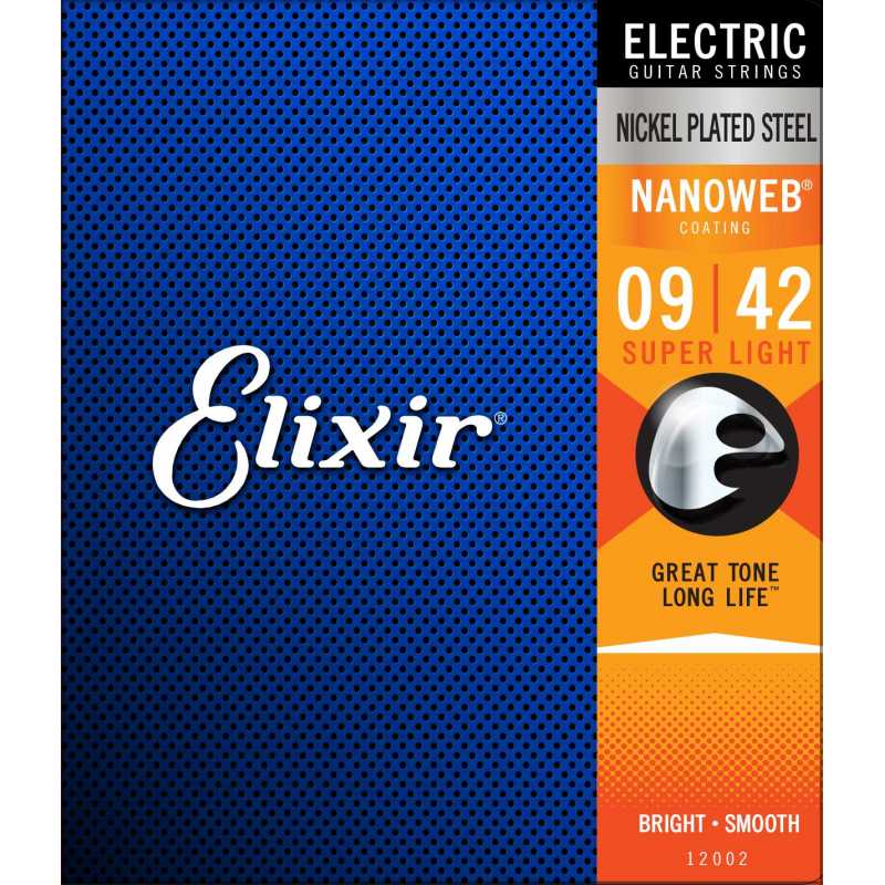 Elixir® 12002 Electric Nickel Plated Steel Strings NANOWEB® Coating Super Light: .009 .011 .016 .024 .032 .042