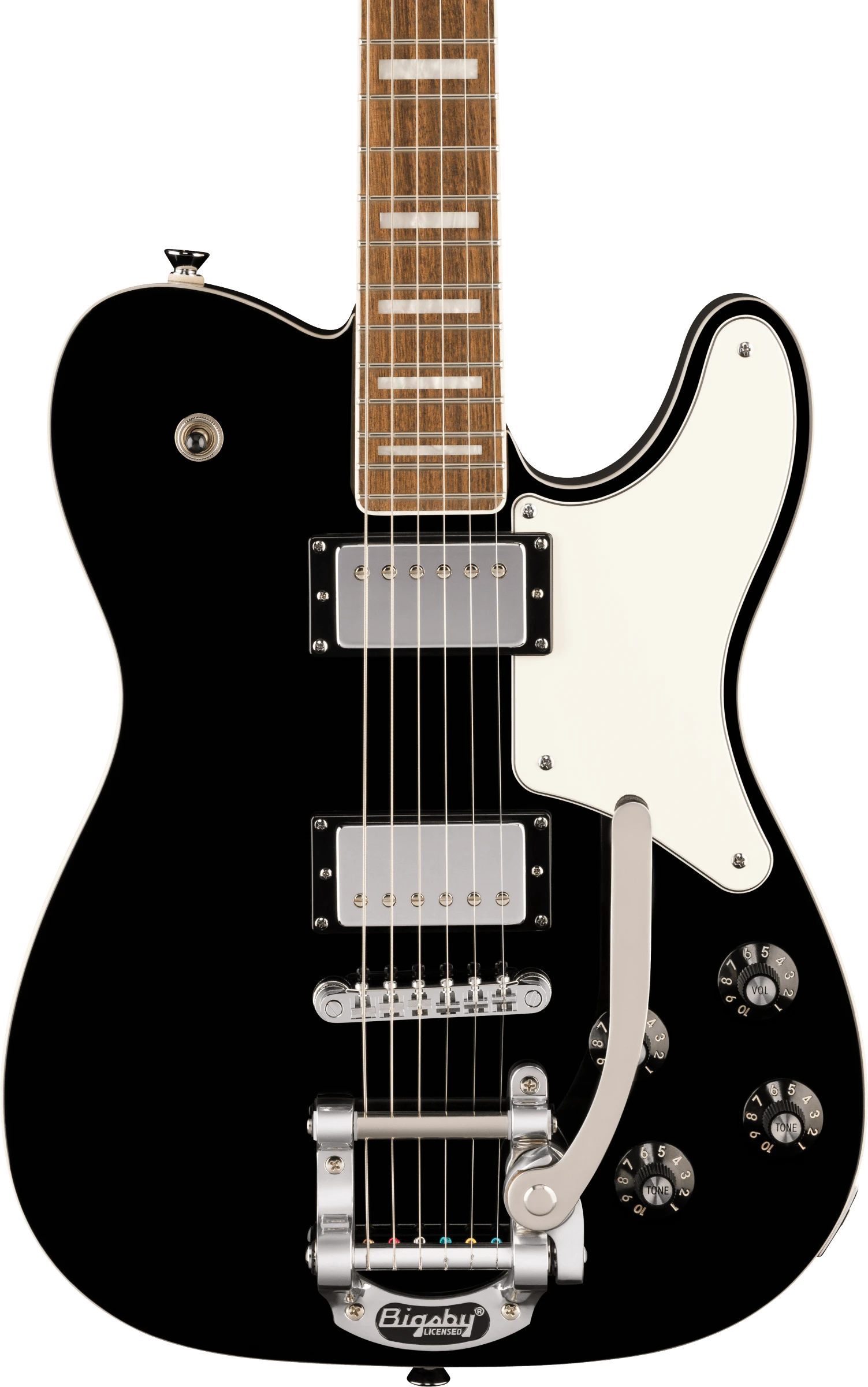 Squier® Paranormal Troublemaker Telecaster® Deluxe Bigsby®, Laurel Fingerboard, Parchment Pickguard, Black