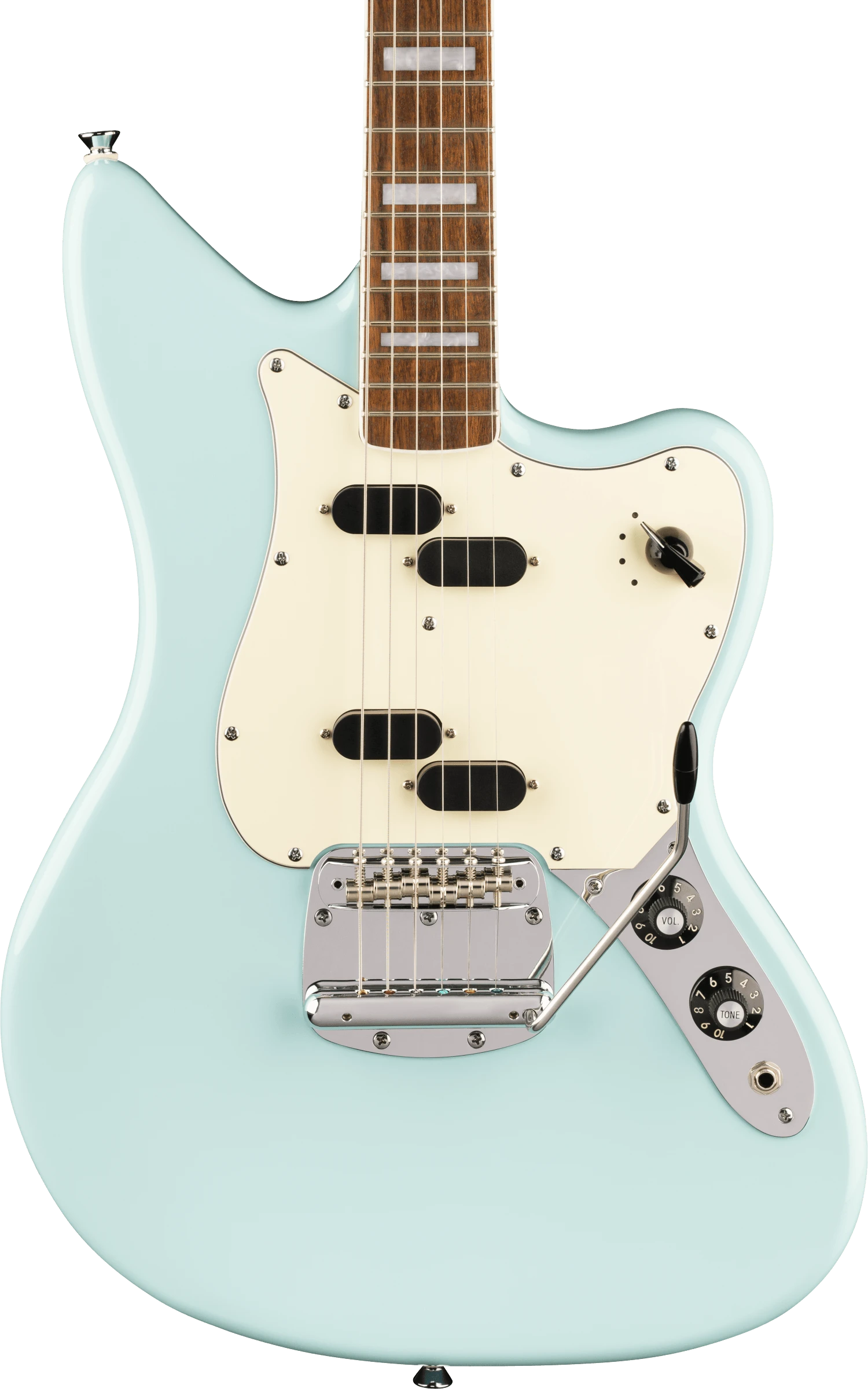 Squier® Paranormal Electric VI, Laurel Fingerboard, Parchment Pickguard, Matching Headstock, Daphne Blue