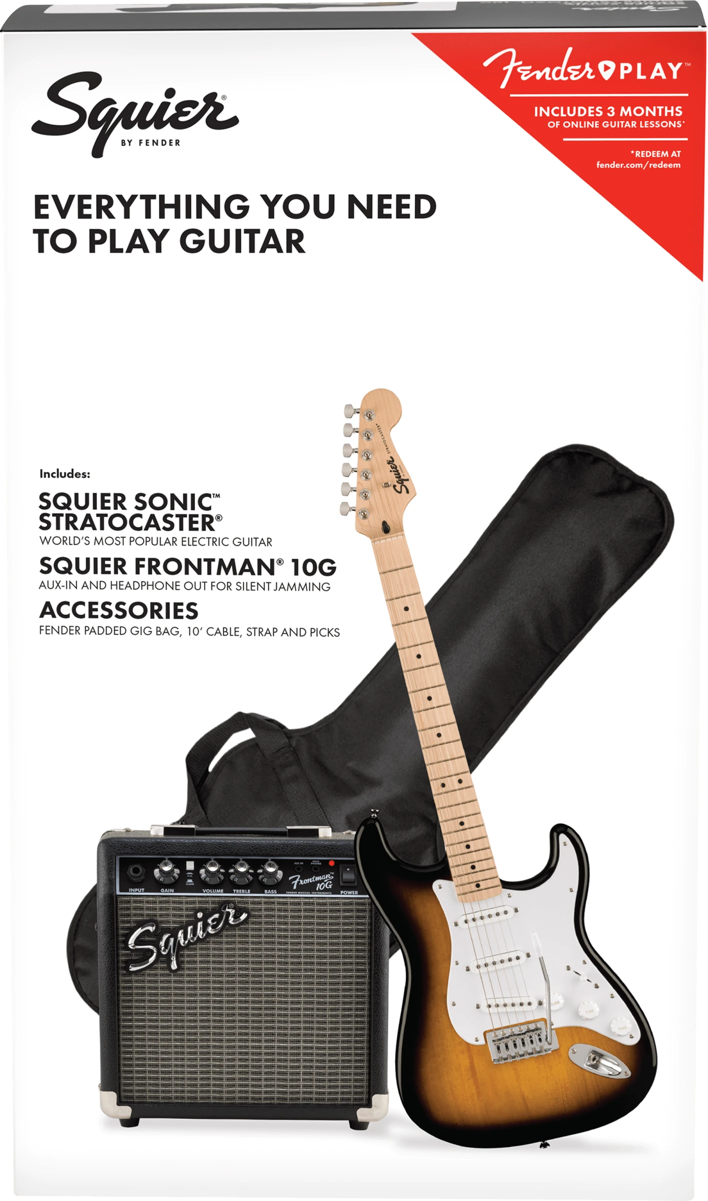 Squier® Squier Sonic® Stratocaster® Pack, Maple Fingerboard, 2-Color Sunburst, Gig Bag, 10G - 230V UK