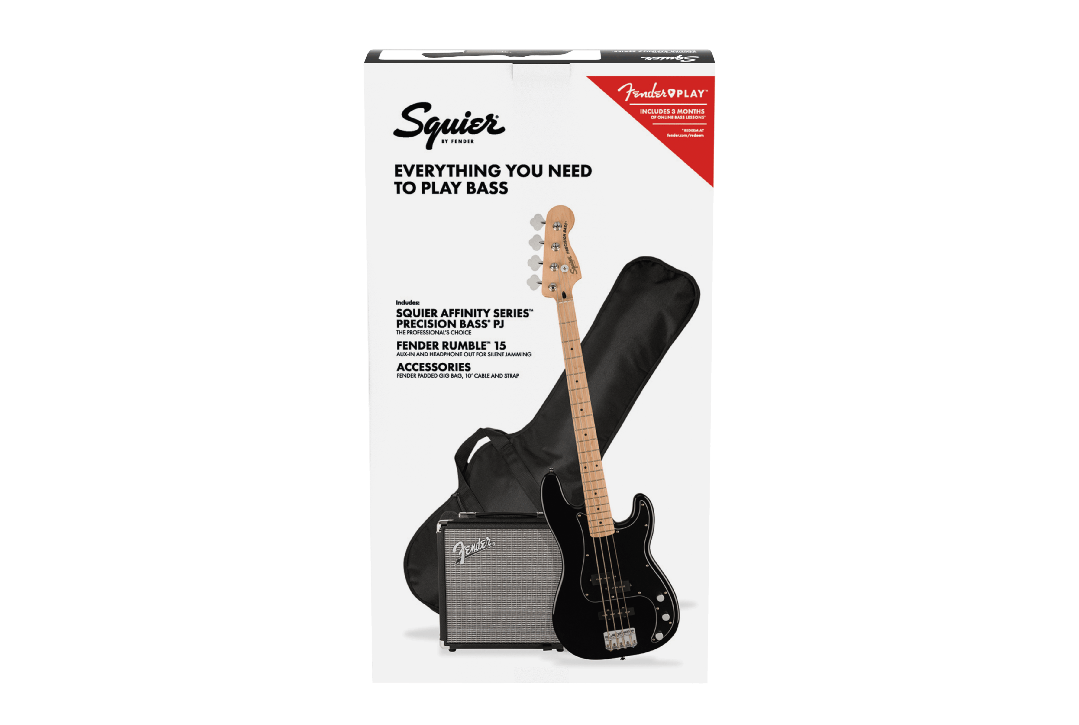 Squier® Affinity Series® Precision Bass® PJ Pack, Maple Fingerboard, Black, Gig Bag, Rumble 15 - 230V UK