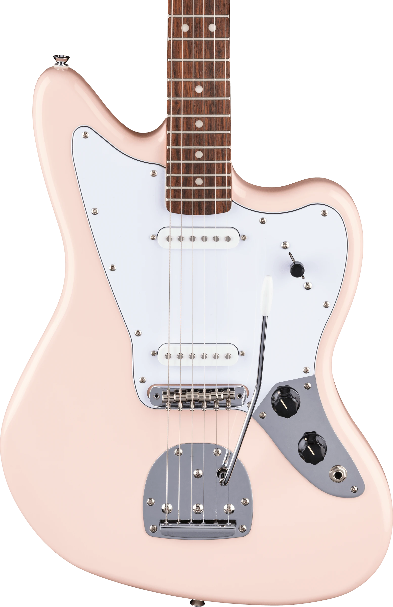 Squier® FSR Affinity™ Jaguar®, Laurel Fingerboard, White Pickguard, Matching Headstock, Shell Pink