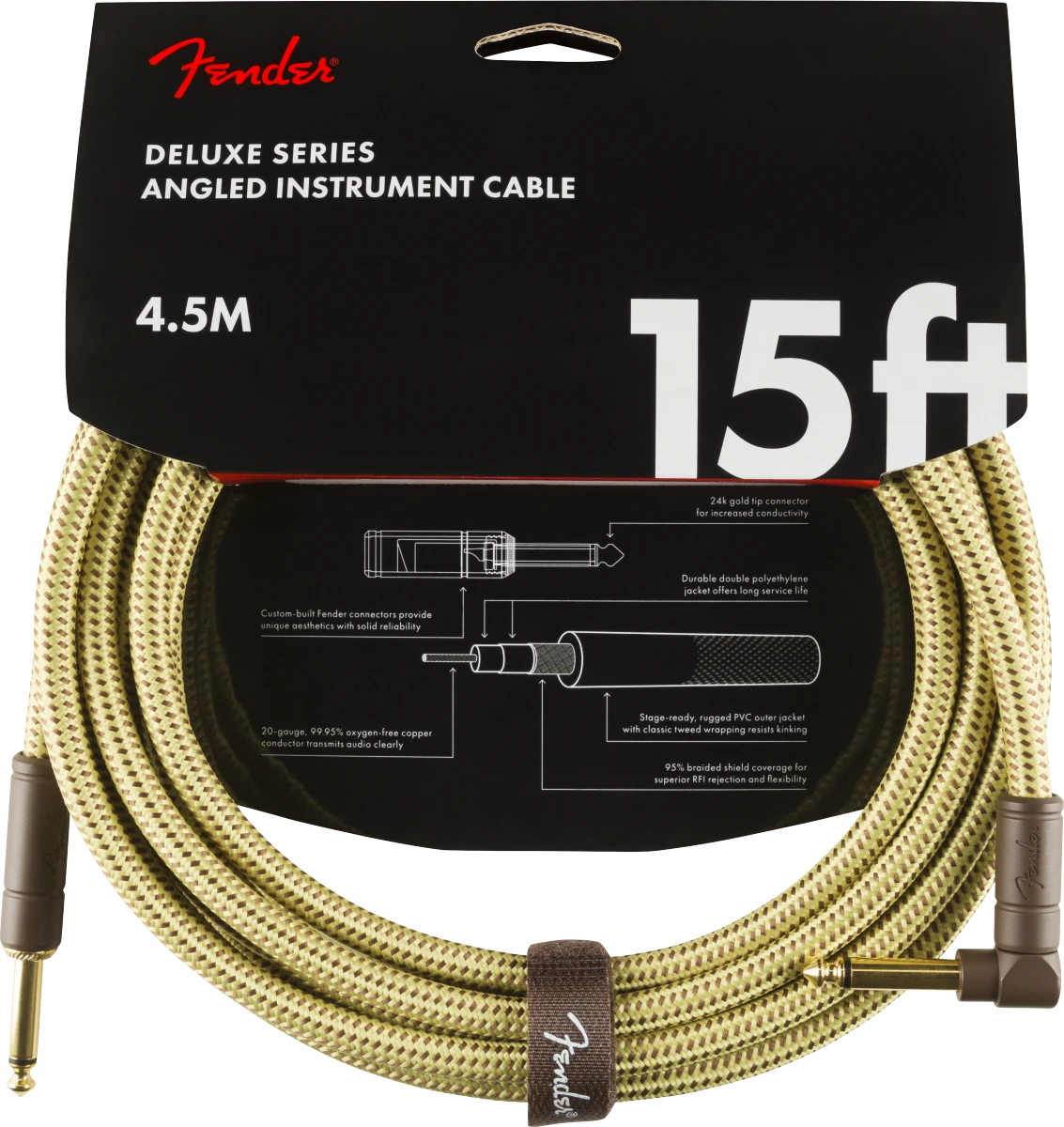 Fender® Deluxe Series Instrument Cable, Straight/Angle, 15', Tweed