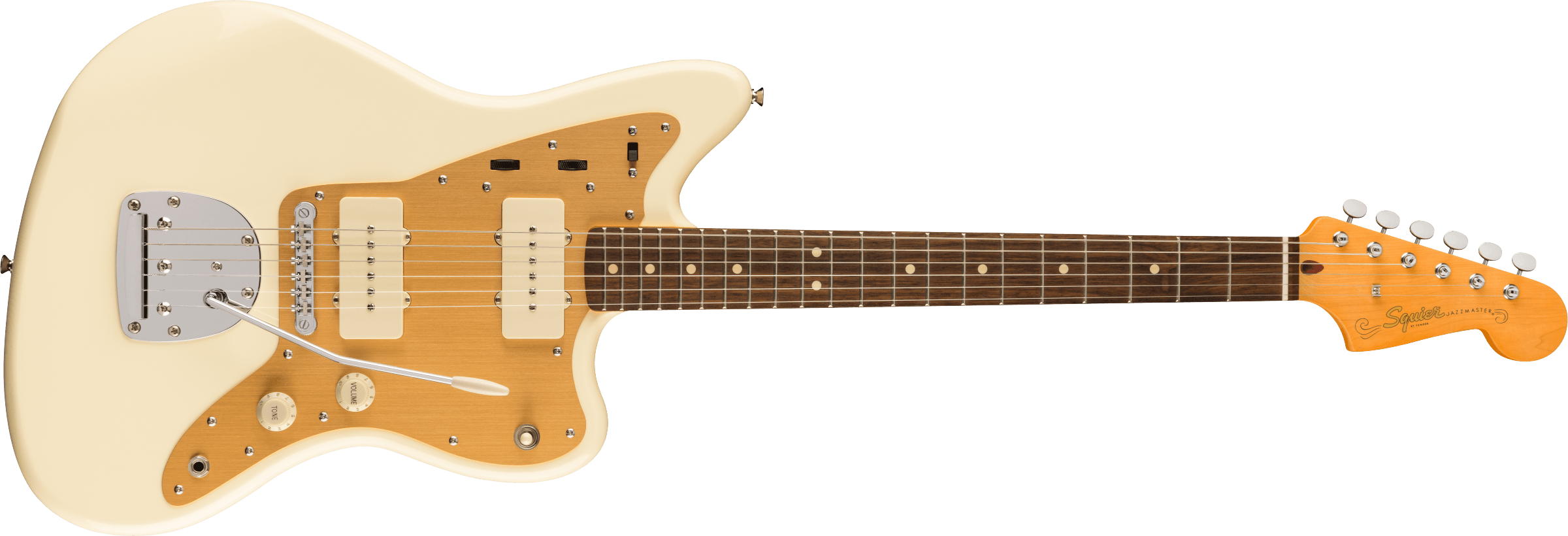 Squier® J Mascis Jazzmaster®, Laurel Fingerboard, Gold Anodized Pickguard, Vintage White