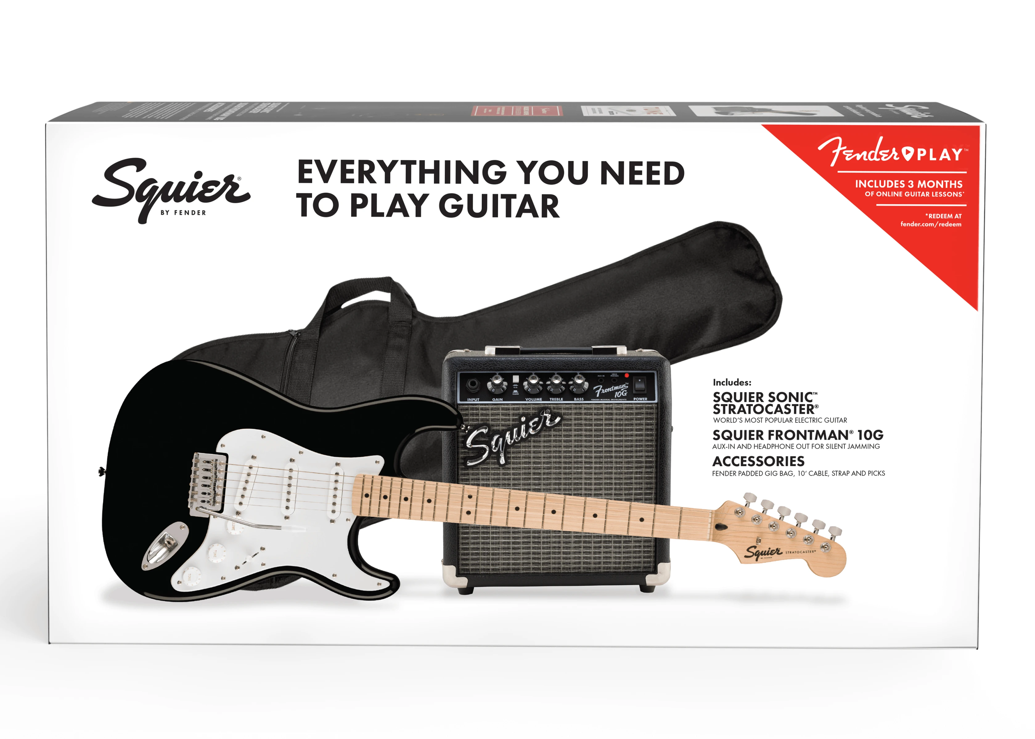 Squier® Squier Sonic® Stratocaster® Pack, Maple Fingerboard, Black, Gig Bag, 10G - 230V UK