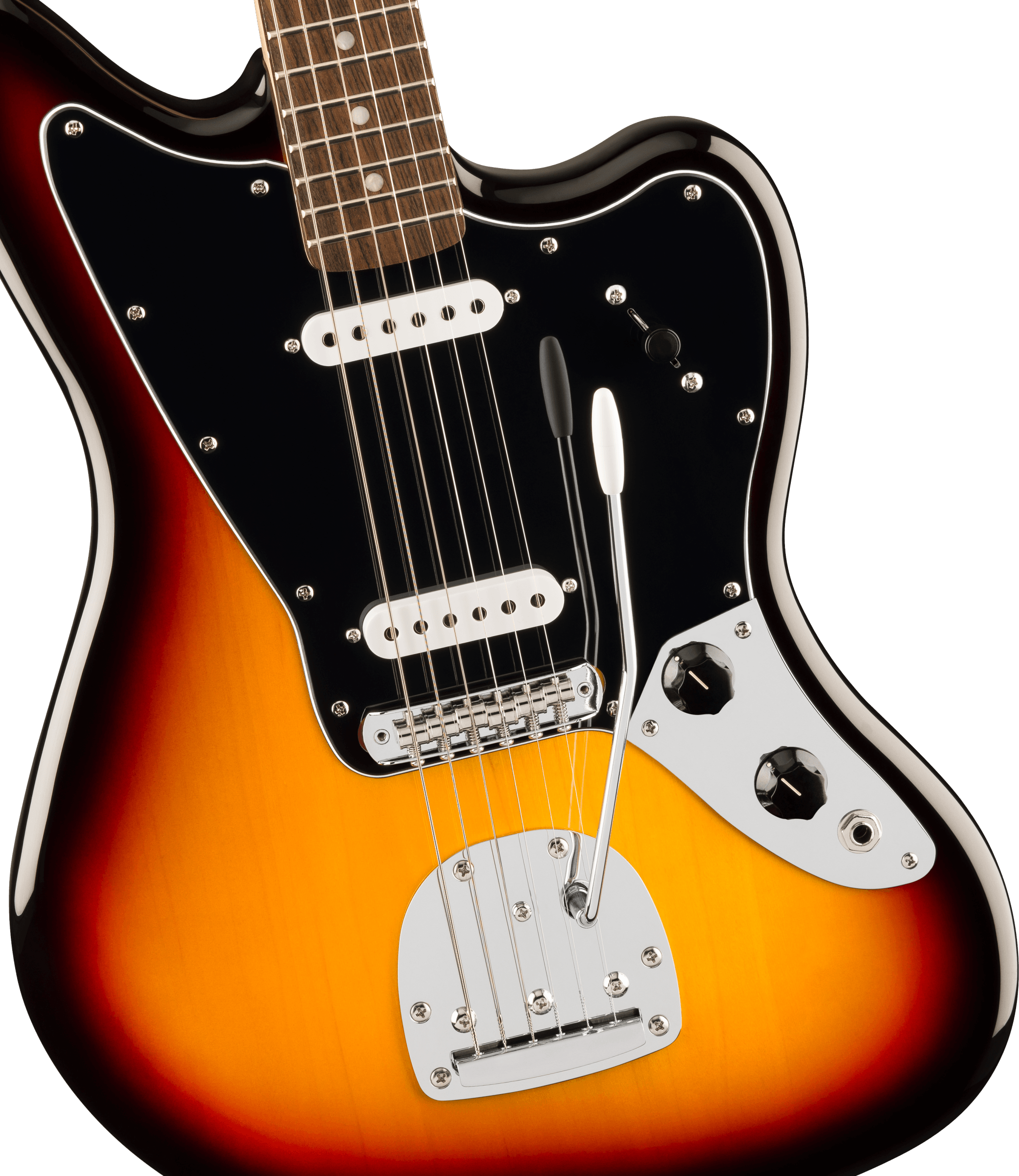 Squier® Affinity Series® Jaguar®, Laurel Fingerboard, Black Pickguard, 3-Color Sunburst