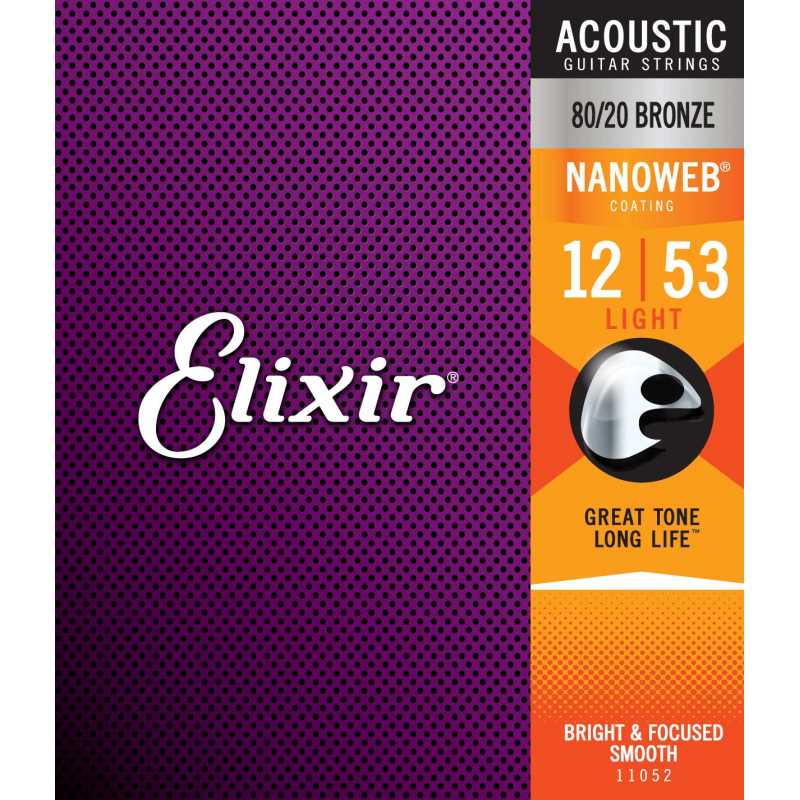 Elixir® 11052 Acoustic 80/20 Bronze Strings NANOWEB® Coating Light: .012 .016 .024 .032 .042 .053
