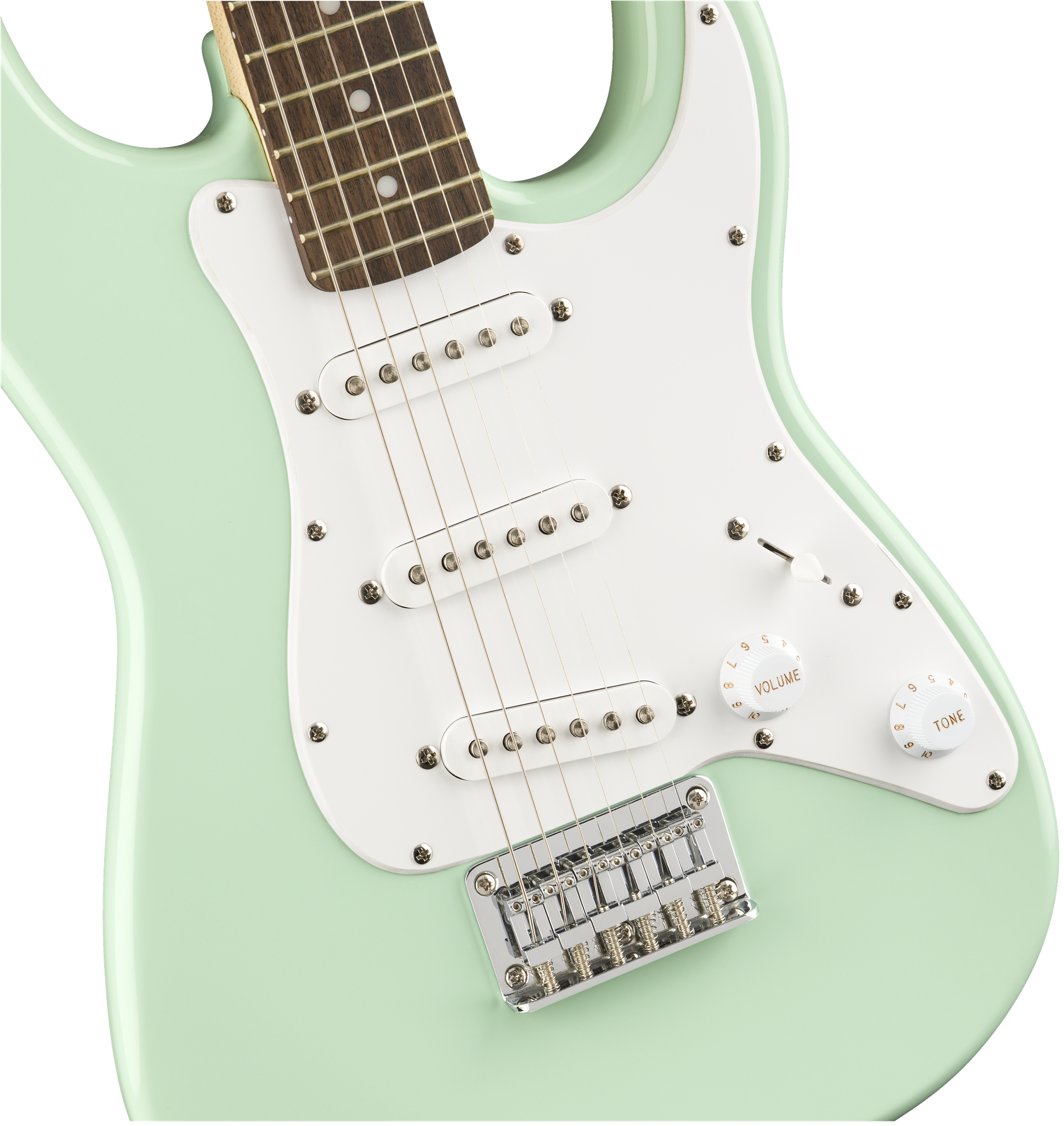 Squier® FSR Mini Stratocaster®, Laurel Fingerboard, White Pickguard, Surf Green