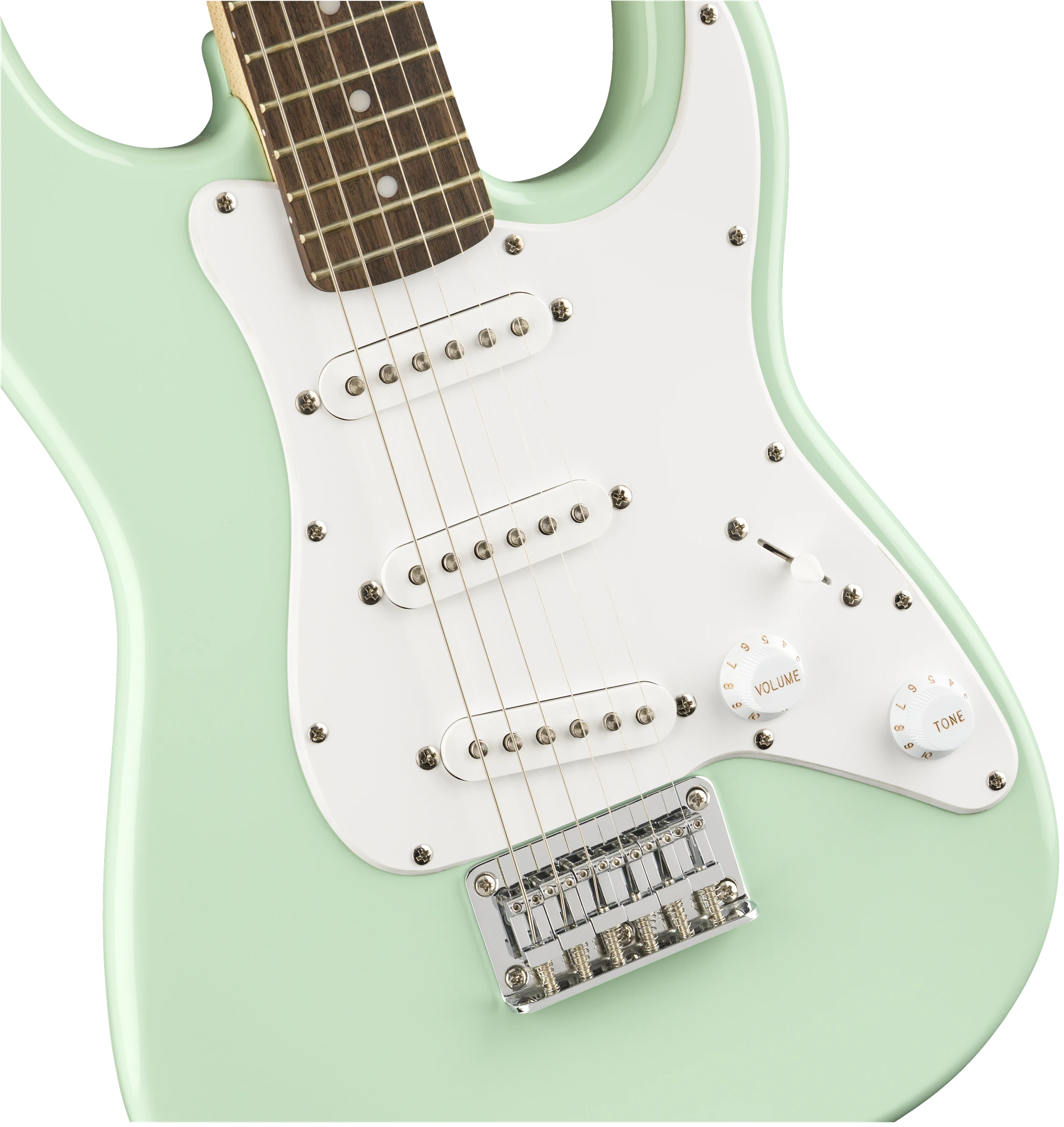 Squier® FSR Mini Stratocaster®, Laurel Fingerboard, White Pickguard, Surf Green