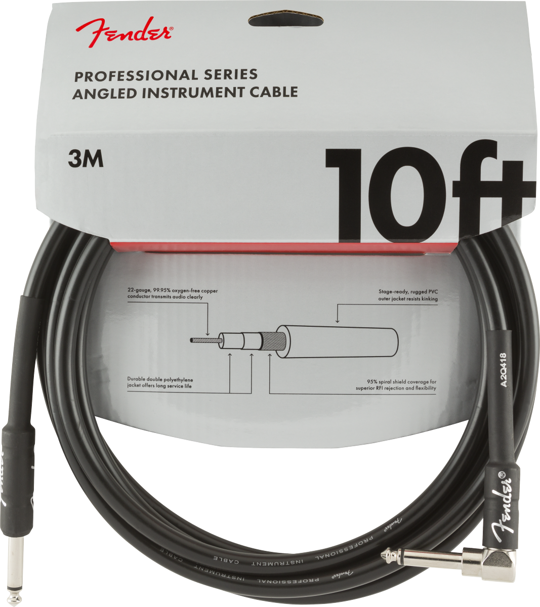Fender® Professional Series Instrument Cable, Straight-Angle, 10', Black