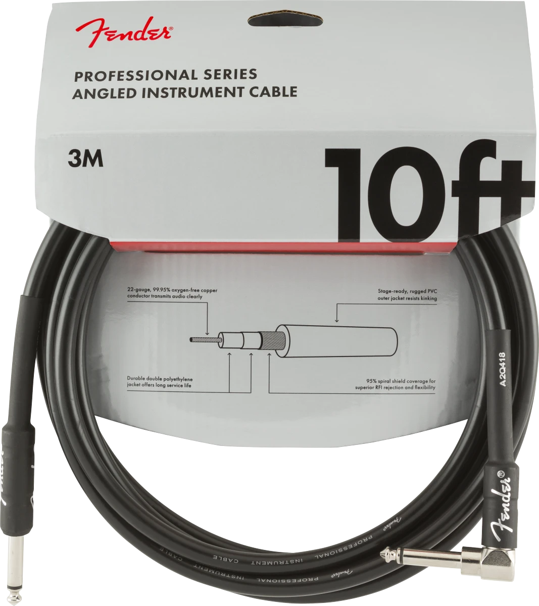 Fender® Professional Series Instrument Cable, Straight-Angle, 10', Black