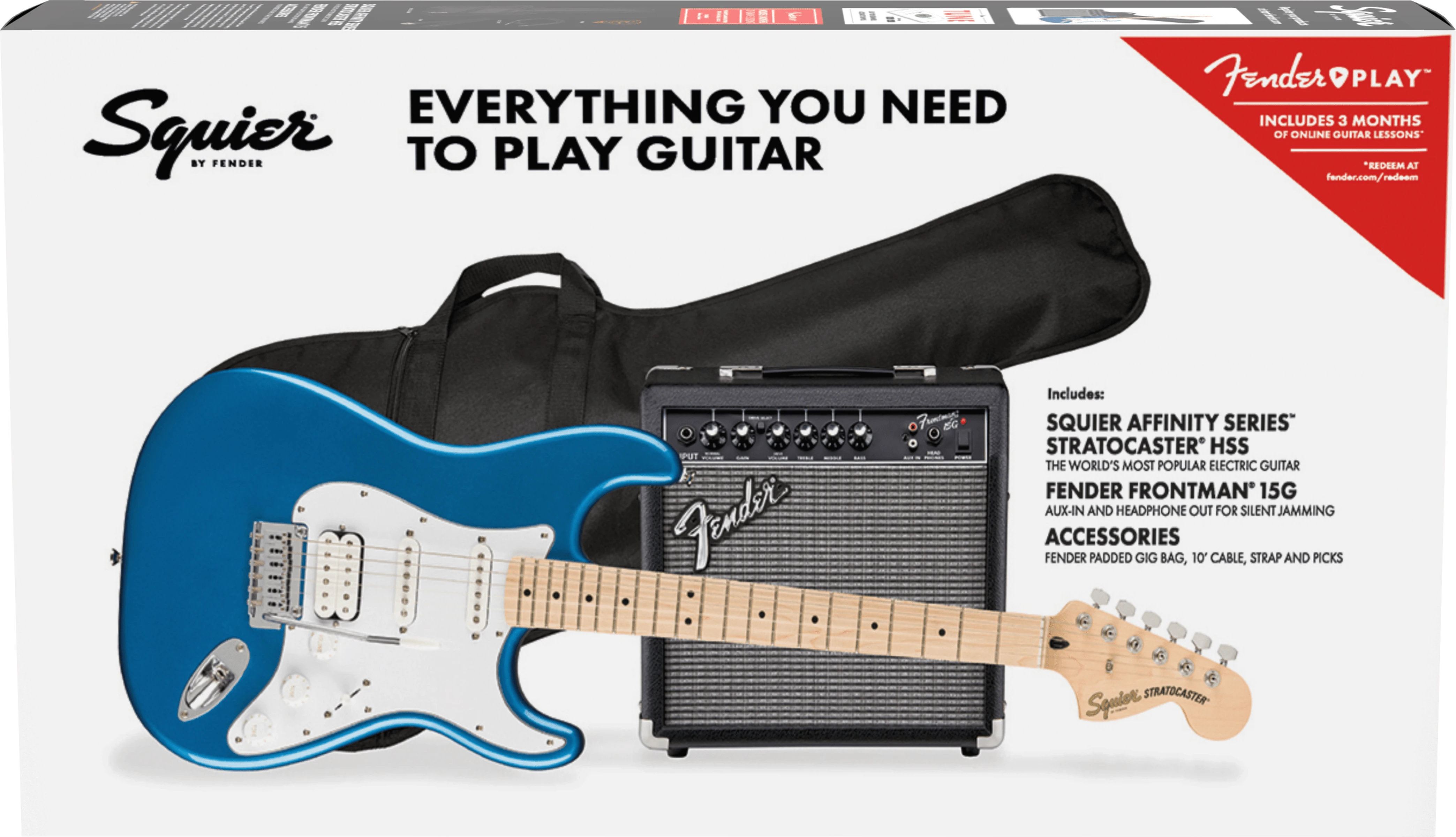 Squier® Affinity Series™ Stratocaster® HSS Pack, Maple Fingerboard, Lake Placid Blue, Gig Bag, 15G - 230V EU