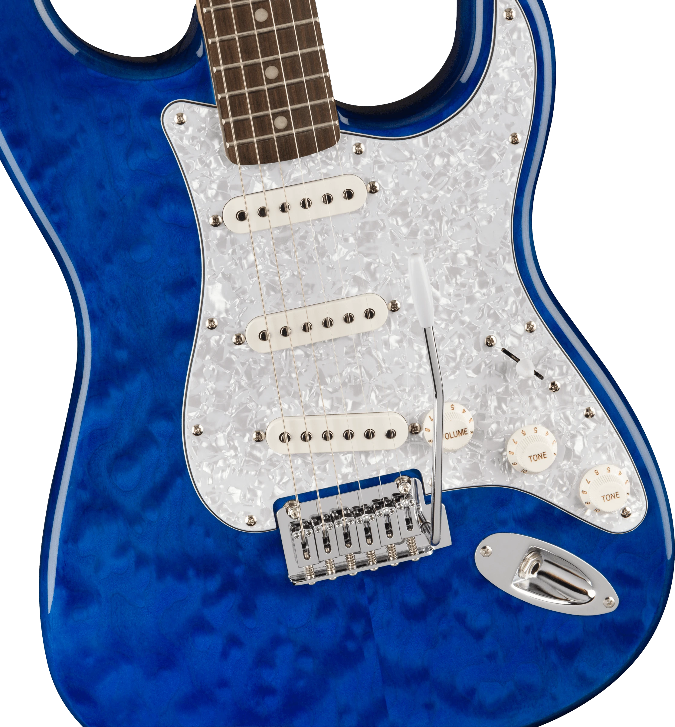 Squier® FSR Affinity Series™ Stratocaster® QMT, Laurel Fingerboard, White Pearloid Pickguard, Sapphire Blue Transparent