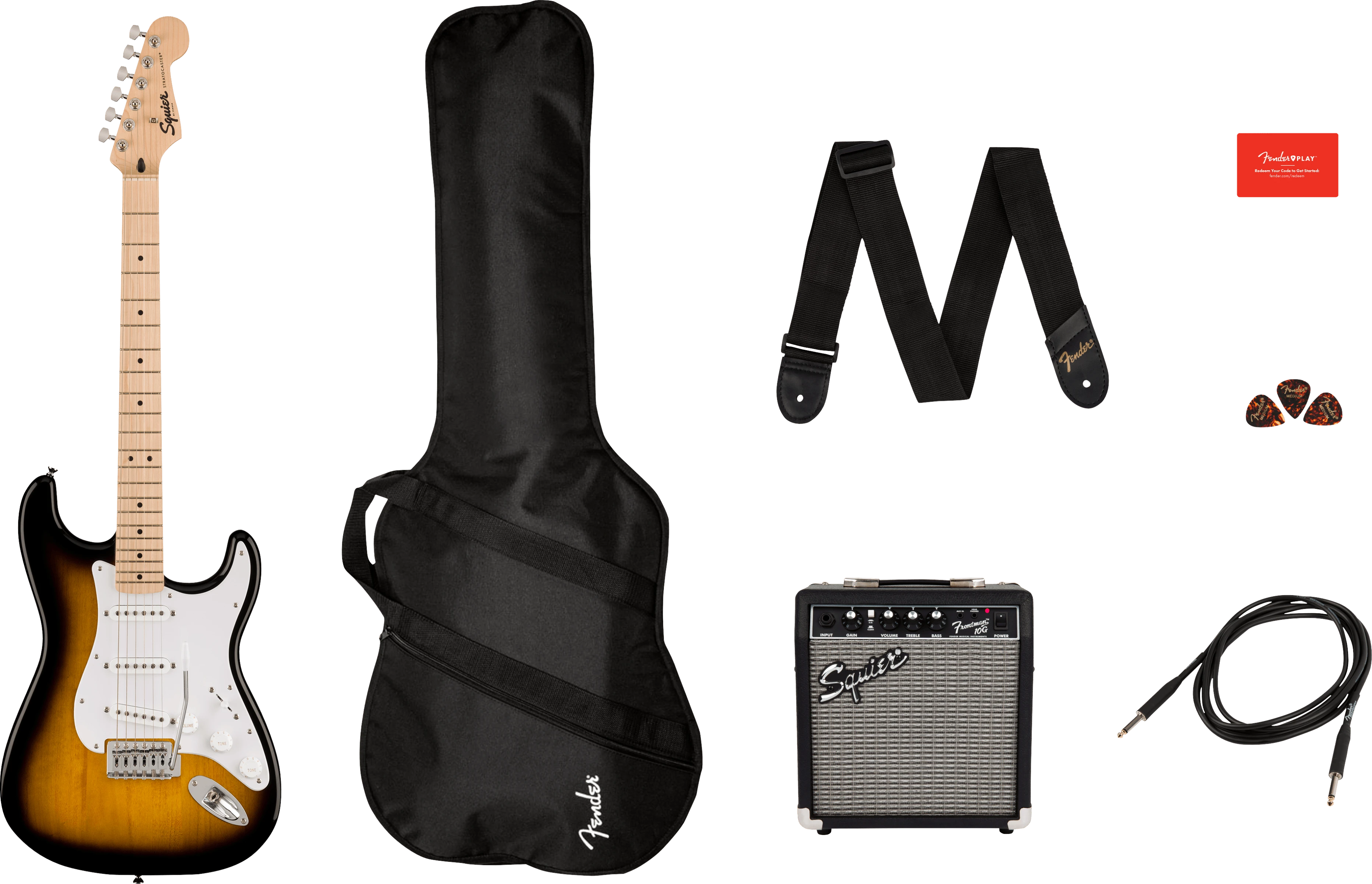 Squier® Squier Sonic® Stratocaster® Pack, Maple Fingerboard, 2-Color Sunburst, Gig Bag, 10G - 230V UK