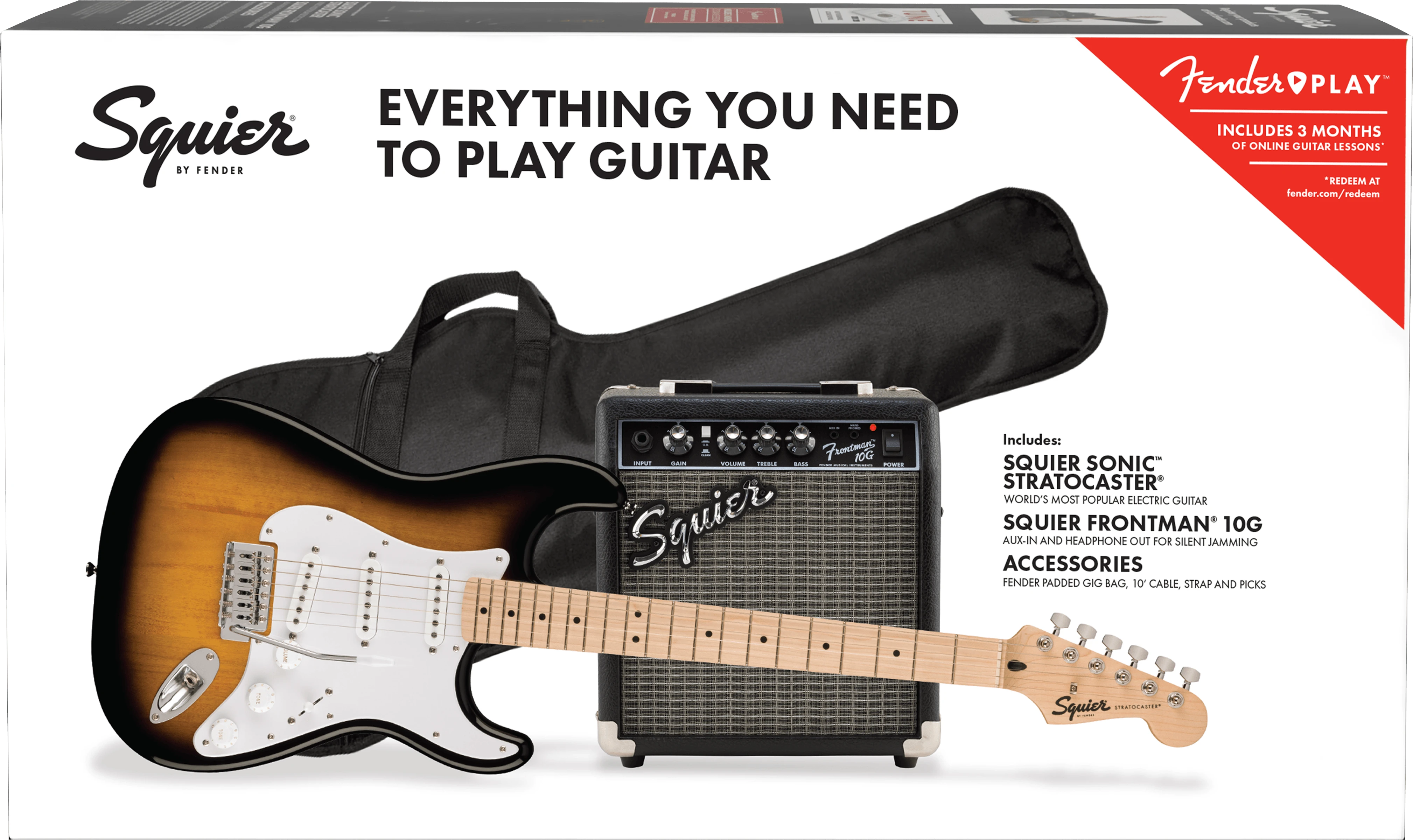 Squier® Squier Sonic® Stratocaster® Pack, Maple Fingerboard, 2-Color Sunburst, Gig Bag, 10G - 230V UK