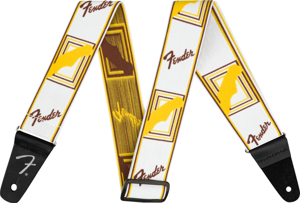 Fender® WeighLess™ Monogram Strap, White/Brown/Yellow, 2"