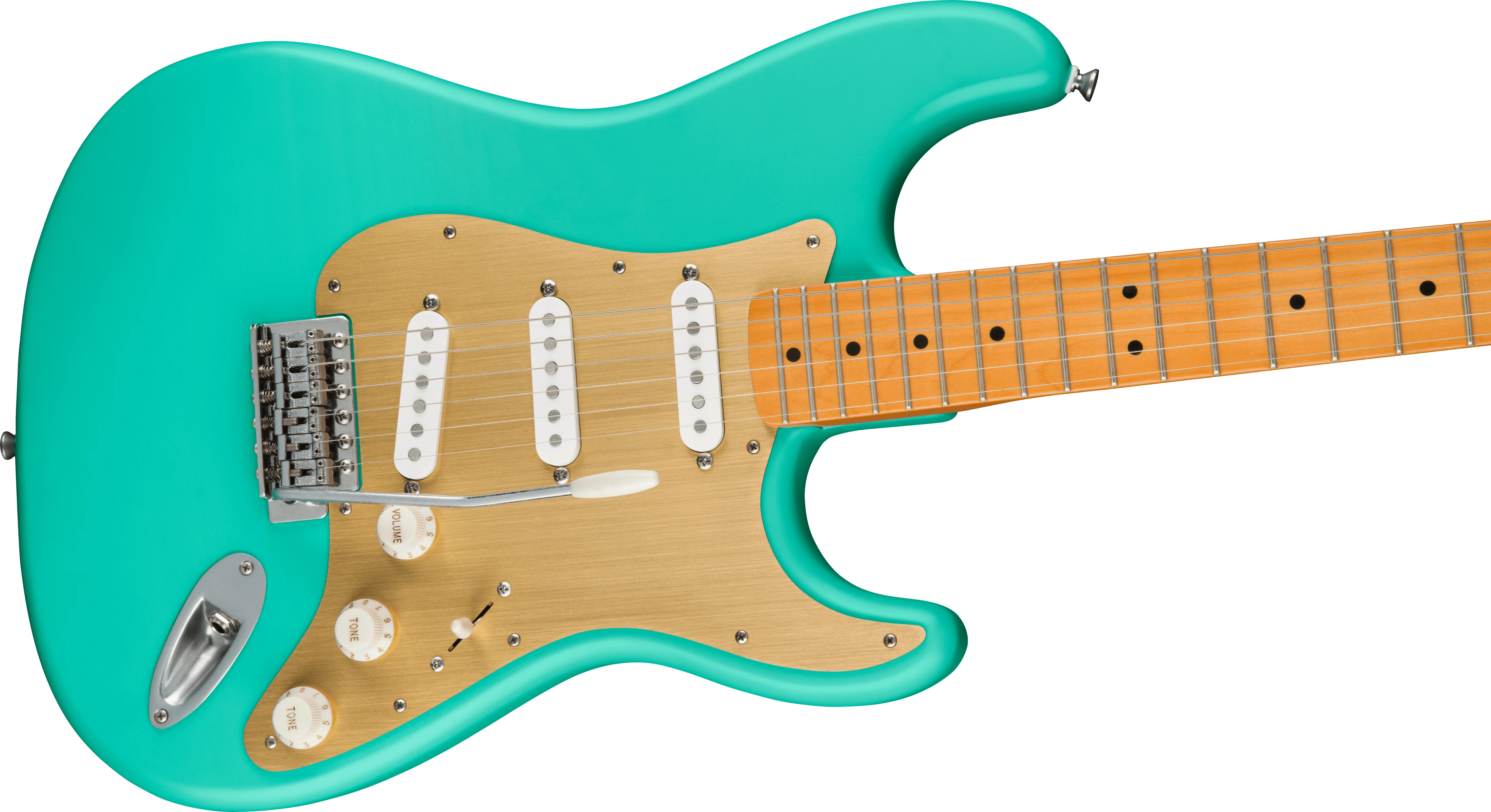 Squier® 40th Anniversary Stratocaster®, Vintage Edition, Maple Fingerboard, Gold Anodized Pickguard, Satin Sea Foam Green