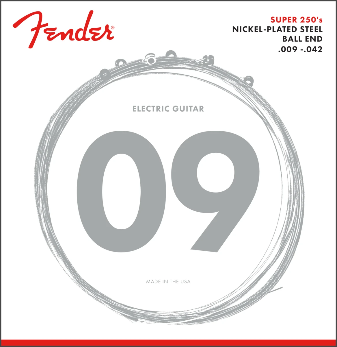 Fender® Super 250 Guitar Strings, Nickel Plated Steel, Ball End, 250L Gauges .009-.042