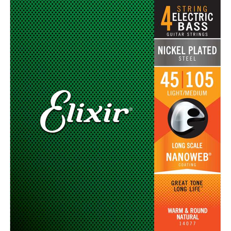 Elixir® 14077 Nickel Plated Steel Bass Strings NANOWEB® Coating Light/Medium: .045 .065 .085 .105