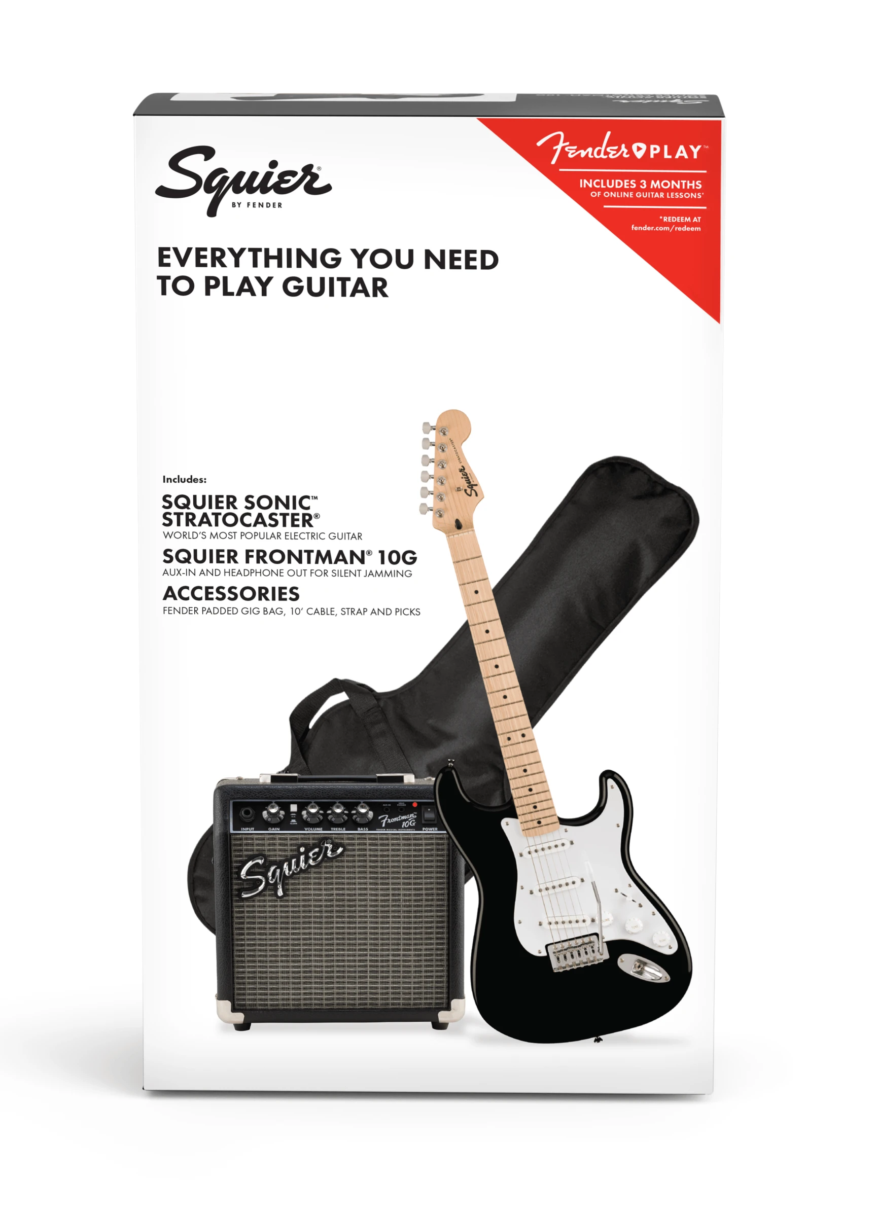 Squier® Squier Sonic® Stratocaster® Pack, Maple Fingerboard, Black, Gig Bag, 10G - 230V UK