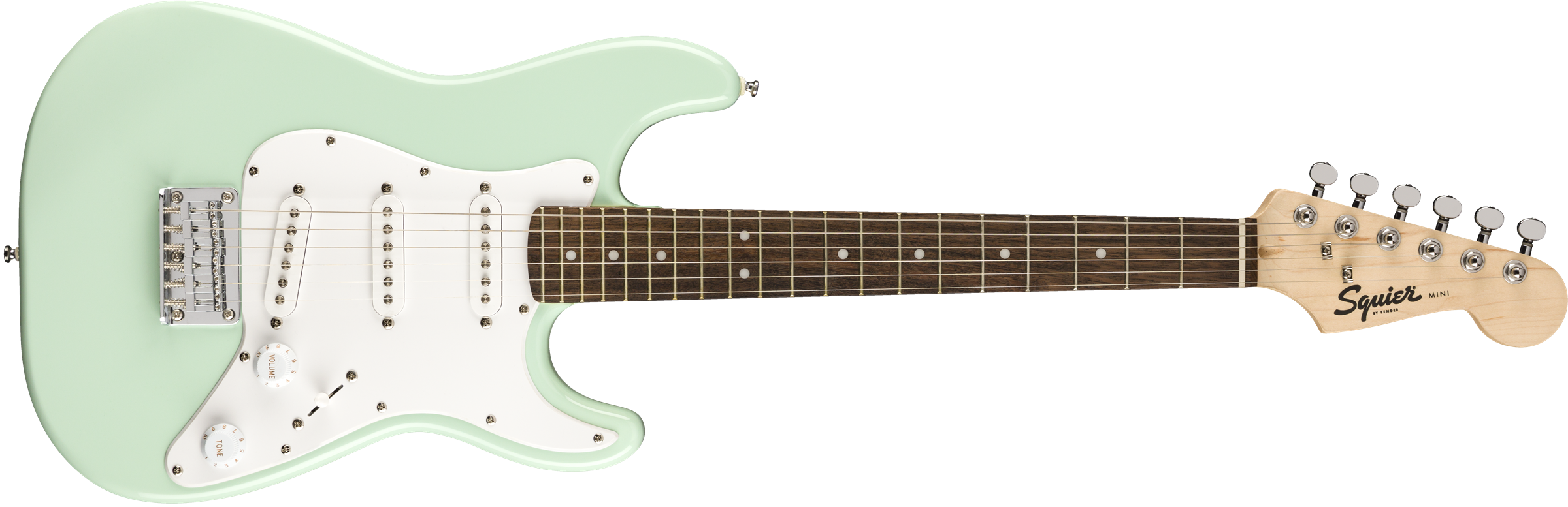 Squier® FSR Mini Stratocaster®, Laurel Fingerboard, White Pickguard, Surf Green