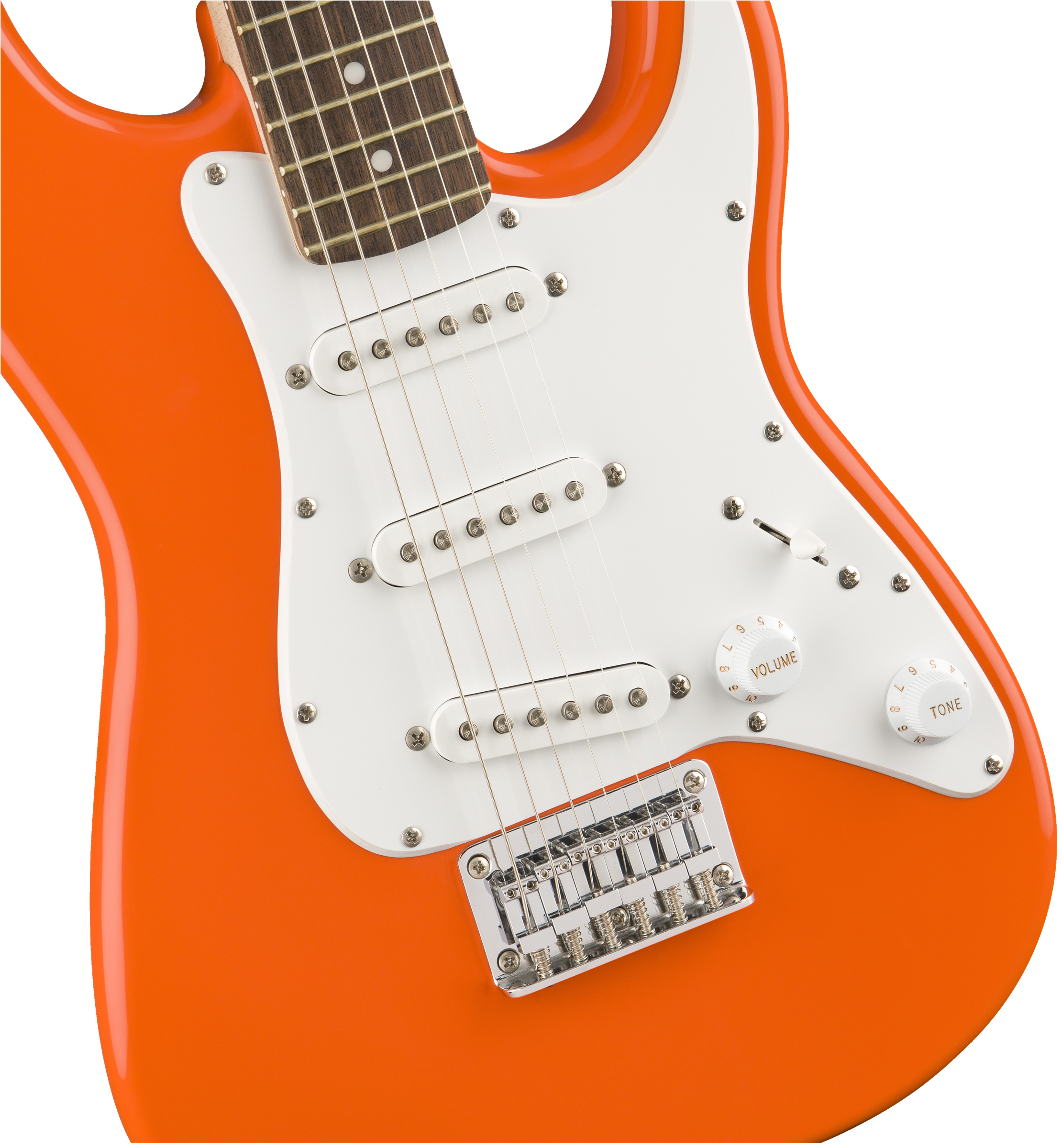 Squier® FSR Mini Stratocaster®, Laurel Fingerboard, White Pickguard, Competition Orange