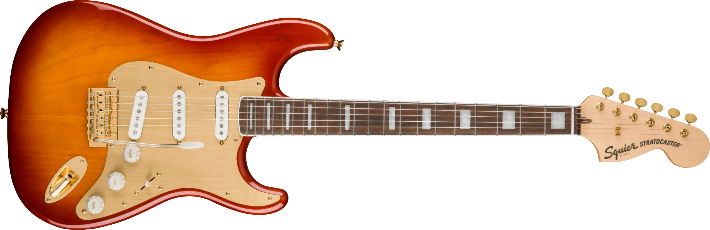 Squier® 40th Anniversary Stratocaster®, Gold Edition, Laurel Fingerboard, Gold Anodized Pickguard, Sienna Sunburst