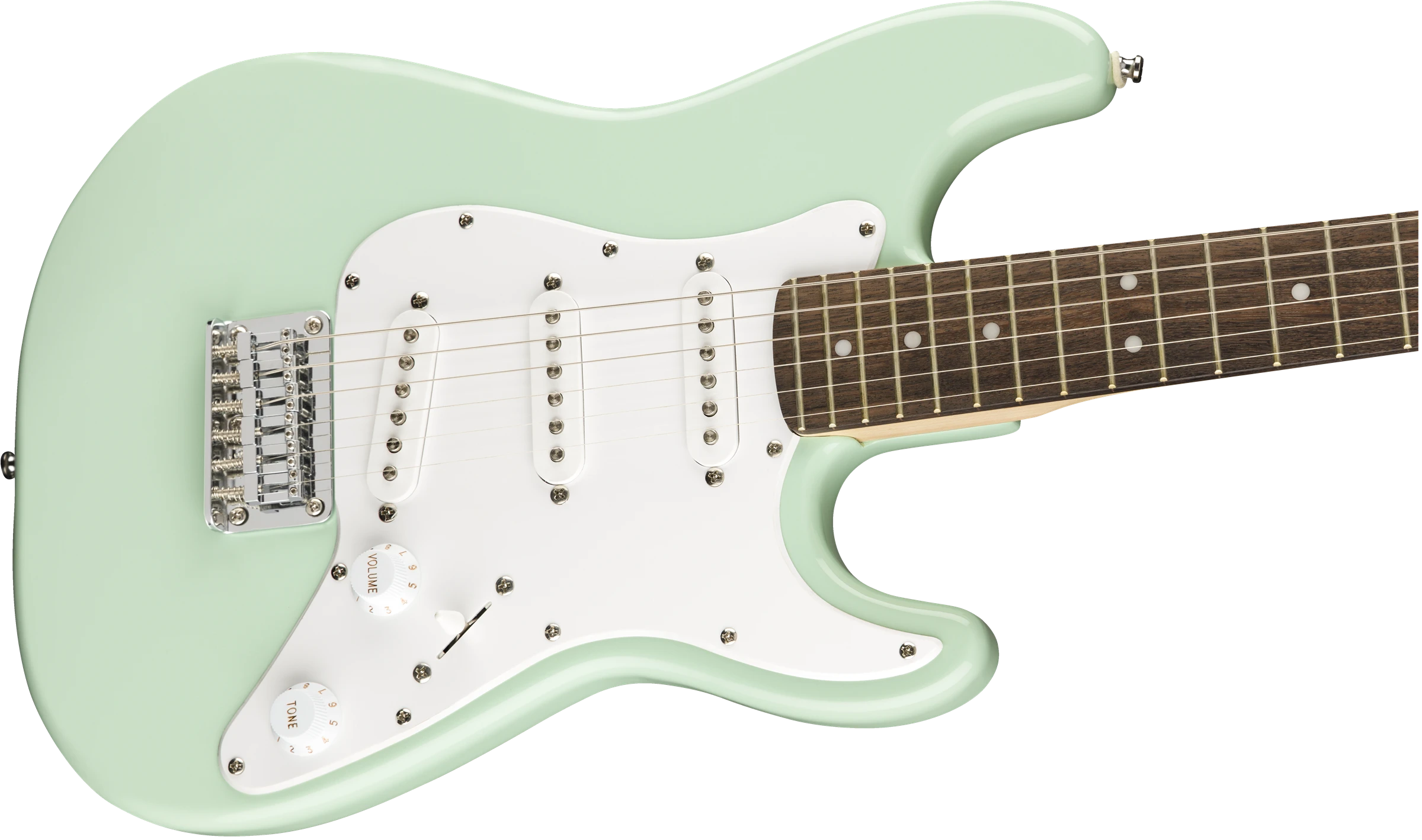 Squier® FSR Mini Stratocaster®, Laurel Fingerboard, White Pickguard, Surf Green